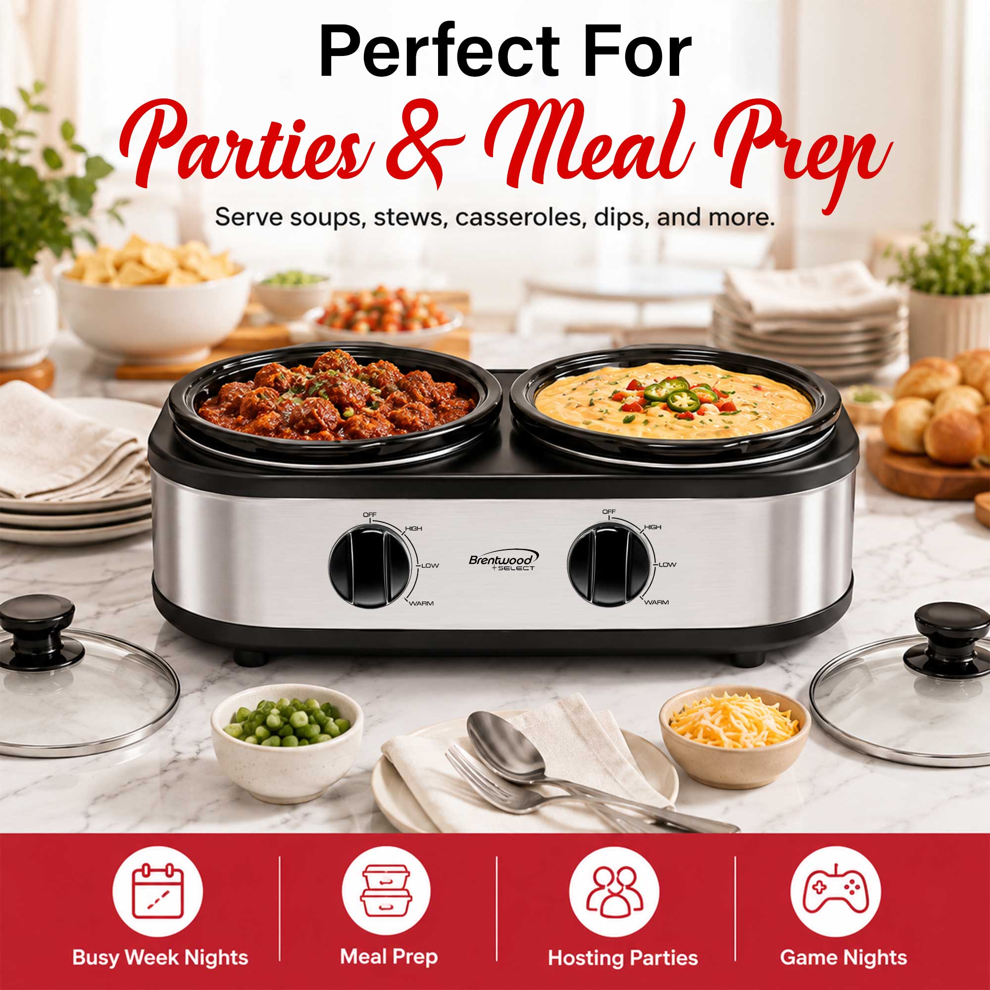 Brentwood Select SC-2X125S Double Slow Cooker, Buffet Server, and Food Warmer, 2 x 1.25 Quart Pots, Adjustable Temperature, Tempered Glass Lids, Stainless Steel