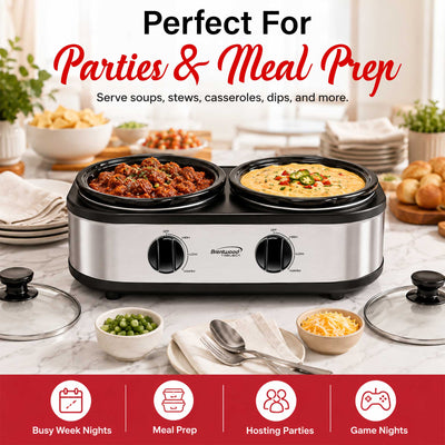 Brentwood Select SC-2X125S Double Slow Cooker, Buffet Server, and Food Warmer, 2 x 1.25 Quart Pots, Adjustable Temperature, Tempered Glass Lids, Stainless Steel