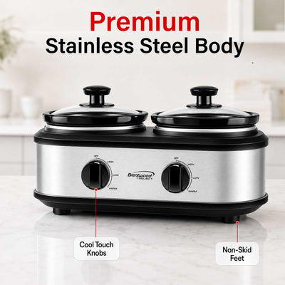 Brentwood Select SC-2X125S Double Slow Cooker, Buffet Server, and Food Warmer, 2 x 1.25 Quart Pots, Adjustable Temperature, Tempered Glass Lids, Stainless Steel