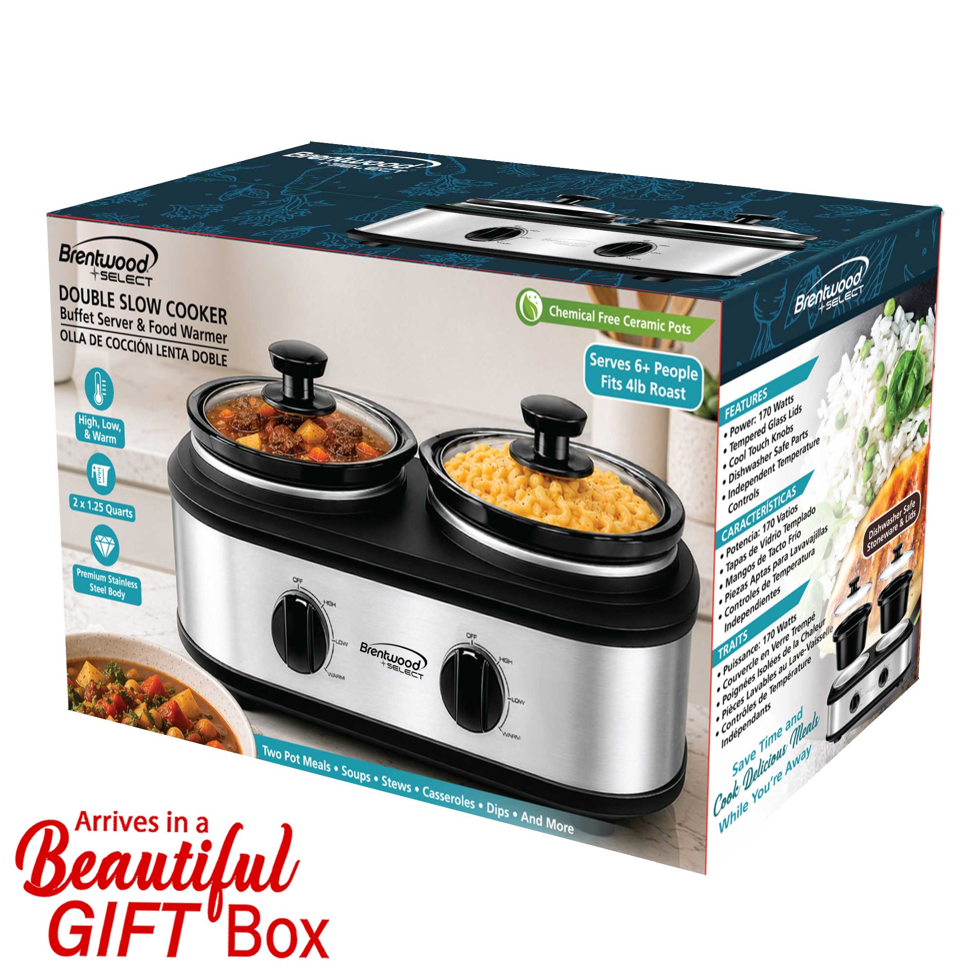 Brentwood Select SC-2X125S Double Slow Cooker, Buffet Server, and Food Warmer, 2 x 1.25 Quart Pots, Adjustable Temperature, Tempered Glass Lids, Stainless Steel