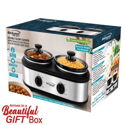 Brentwood Select SC-2X125S Double Slow Cooker, Buffet Server, and Food Warmer, 2 x 1.25 Quart Pots, Adjustable Temperature, Tempered Glass Lids, Stainless Steel