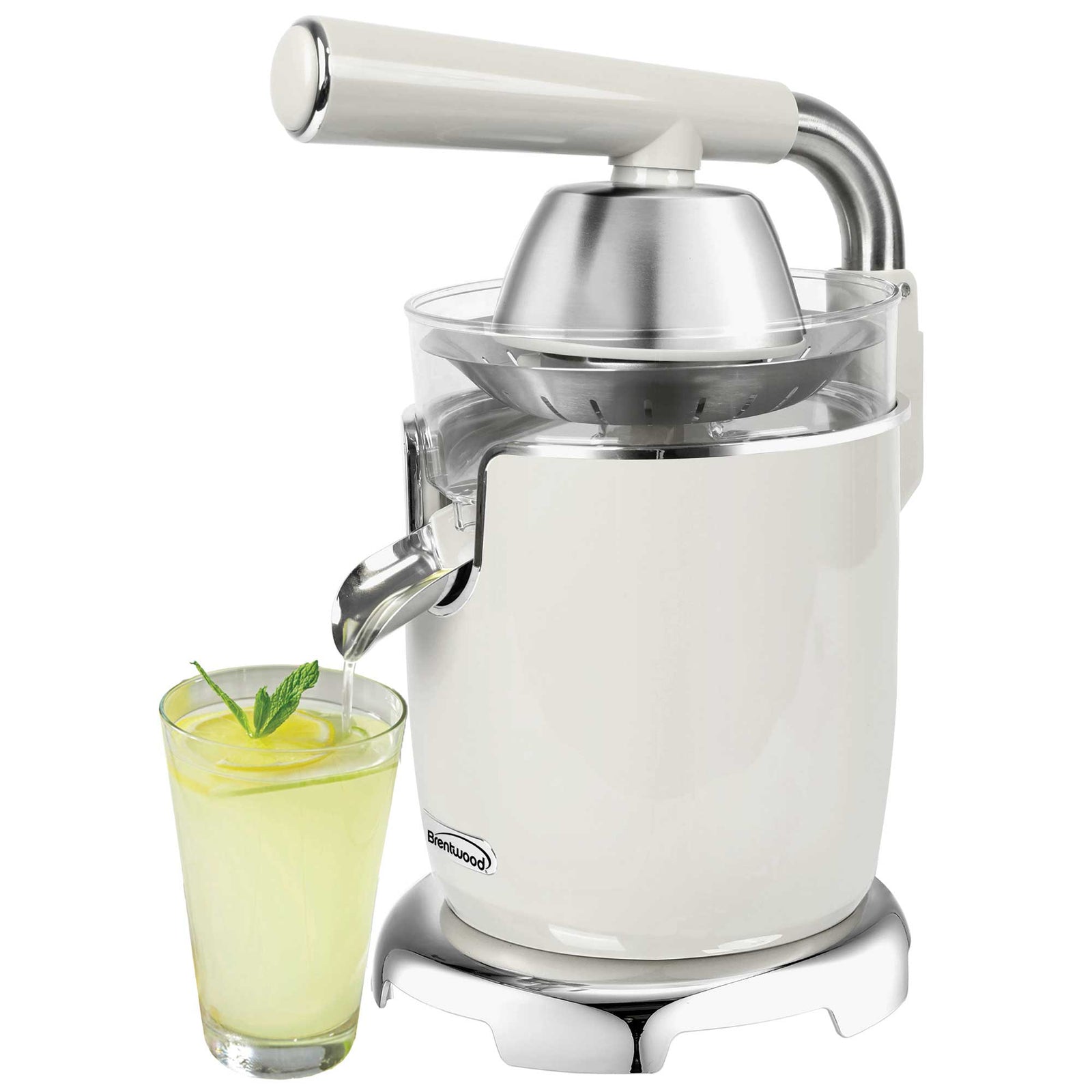 Brentwood J-28W Powerful 200W Electric Citrus Juicer Orange, Lemon, Lime, and Grapefruit Squeezer, Stainless Steel Lever, 2 Cones, Dishwasher Safe Parts, White