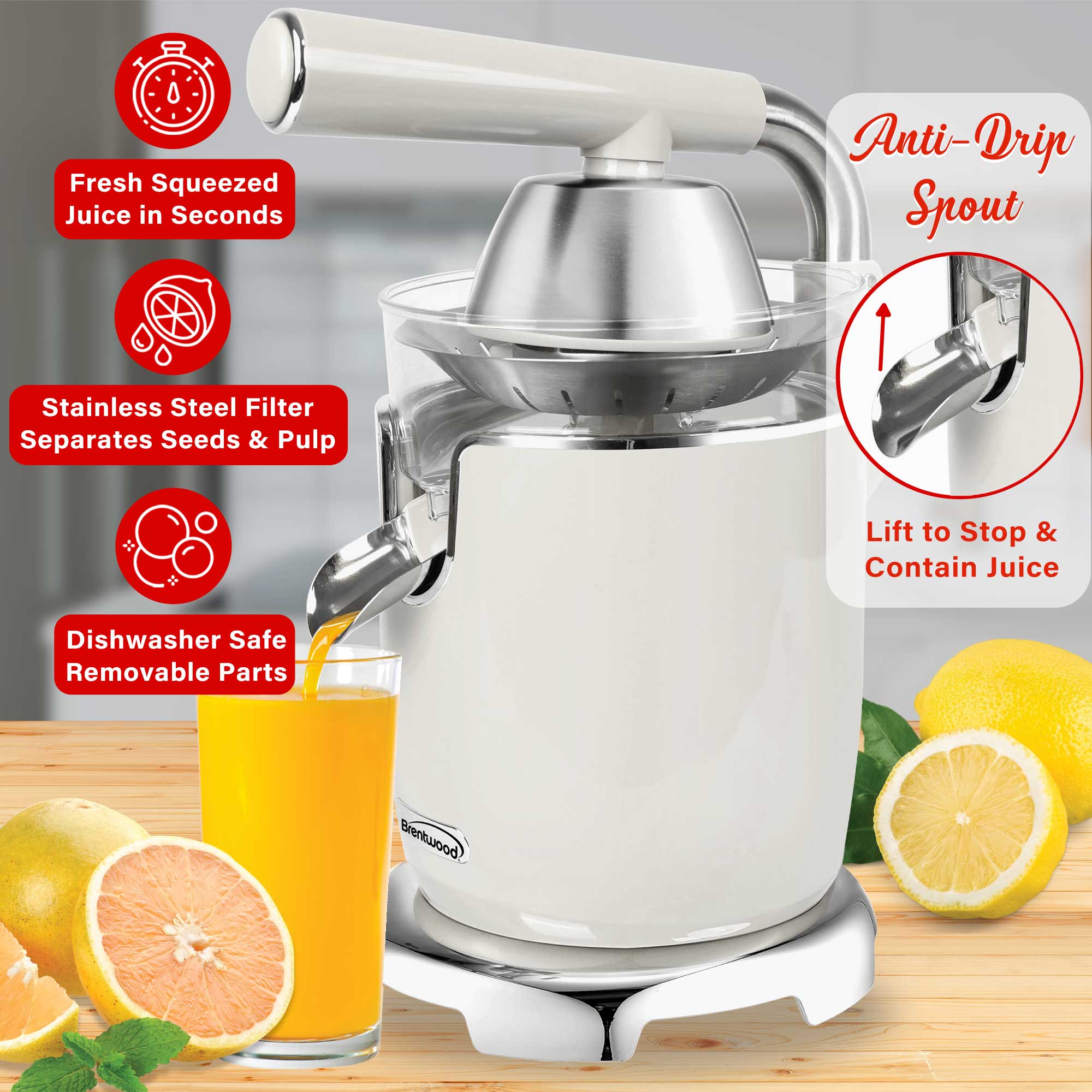 Brentwood J-28W Powerful 200W Electric Citrus Juicer Orange, Lemon, Lime, and Grapefruit Squeezer, Stainless Steel Lever, 2 Cones, Dishwasher Safe Parts, White