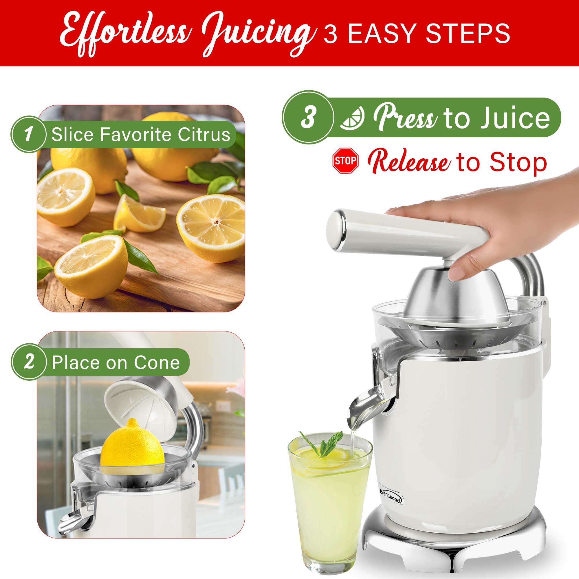 Brentwood J-28W Powerful 200W Electric Citrus Juicer Orange, Lemon, Lime, and Grapefruit Squeezer, Stainless Steel Lever, 2 Cones, Dishwasher Safe Parts, White