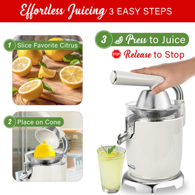 Brentwood J-28W Powerful 200W Electric Citrus Juicer Orange, Lemon, Lime, and Grapefruit Squeezer, Stainless Steel Lever, 2 Cones, Dishwasher Safe Parts, White