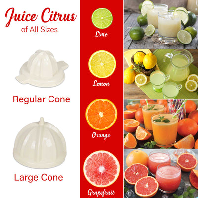 Brentwood J-28W Powerful 200W Electric Citrus Juicer Orange, Lemon, Lime, and Grapefruit Squeezer, Stainless Steel Lever, 2 Cones, Dishwasher Safe Parts, White