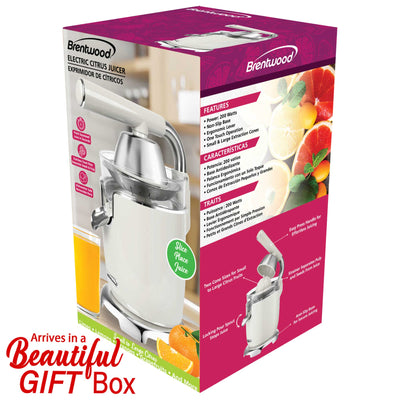 Brentwood J-28W Powerful 200W Electric Citrus Juicer Orange, Lemon, Lime, and Grapefruit Squeezer, Stainless Steel Lever, 2 Cones, Dishwasher Safe Parts, White