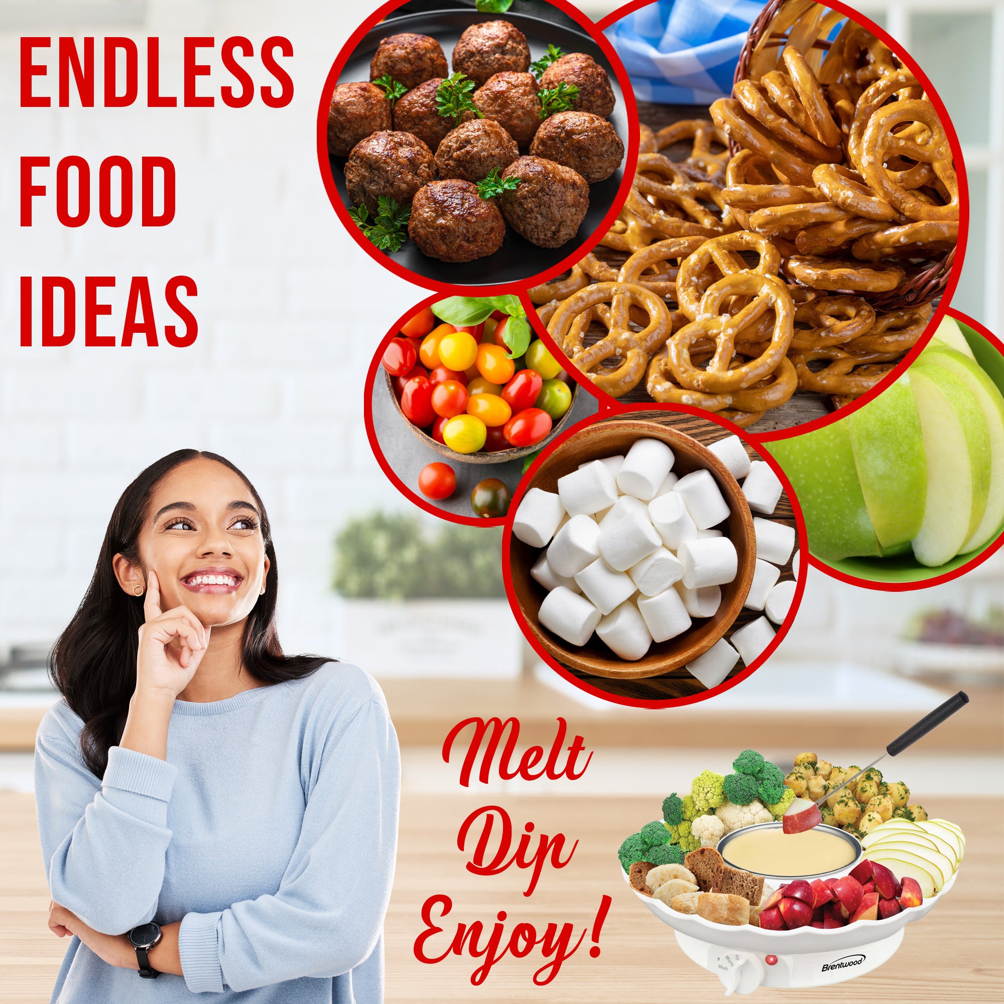 Brentwood TS-604W Electric Fondue Pot Set with 3 Section Tray and 4 Dipping Forks for Chocolate, Cheese, and more