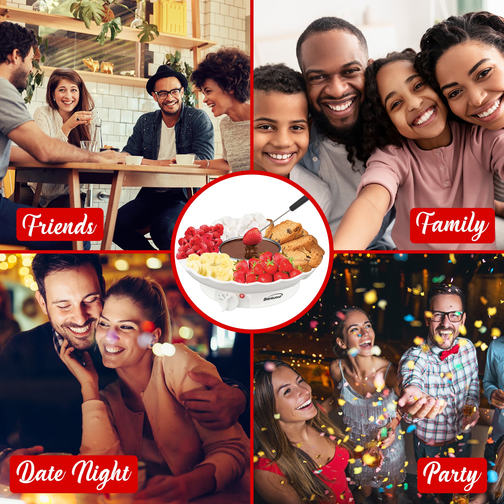 Brentwood TS-604W Electric Fondue Pot Set with 3 Section Tray and 4 Dipping Forks for Chocolate, Cheese, and more