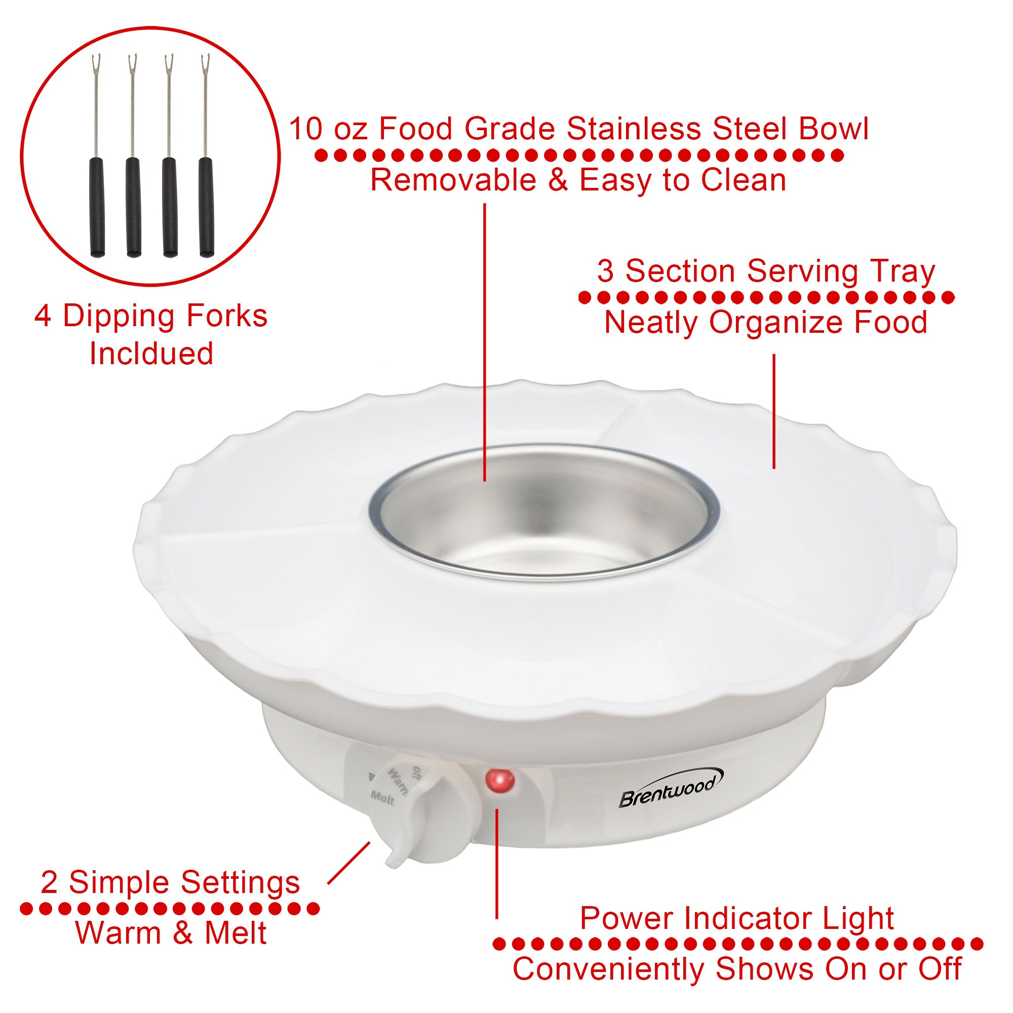 Brentwood TS-604W Electric Fondue Pot Set with 3 Section Tray and 4 Dipping Forks for Chocolate, Cheese, and more