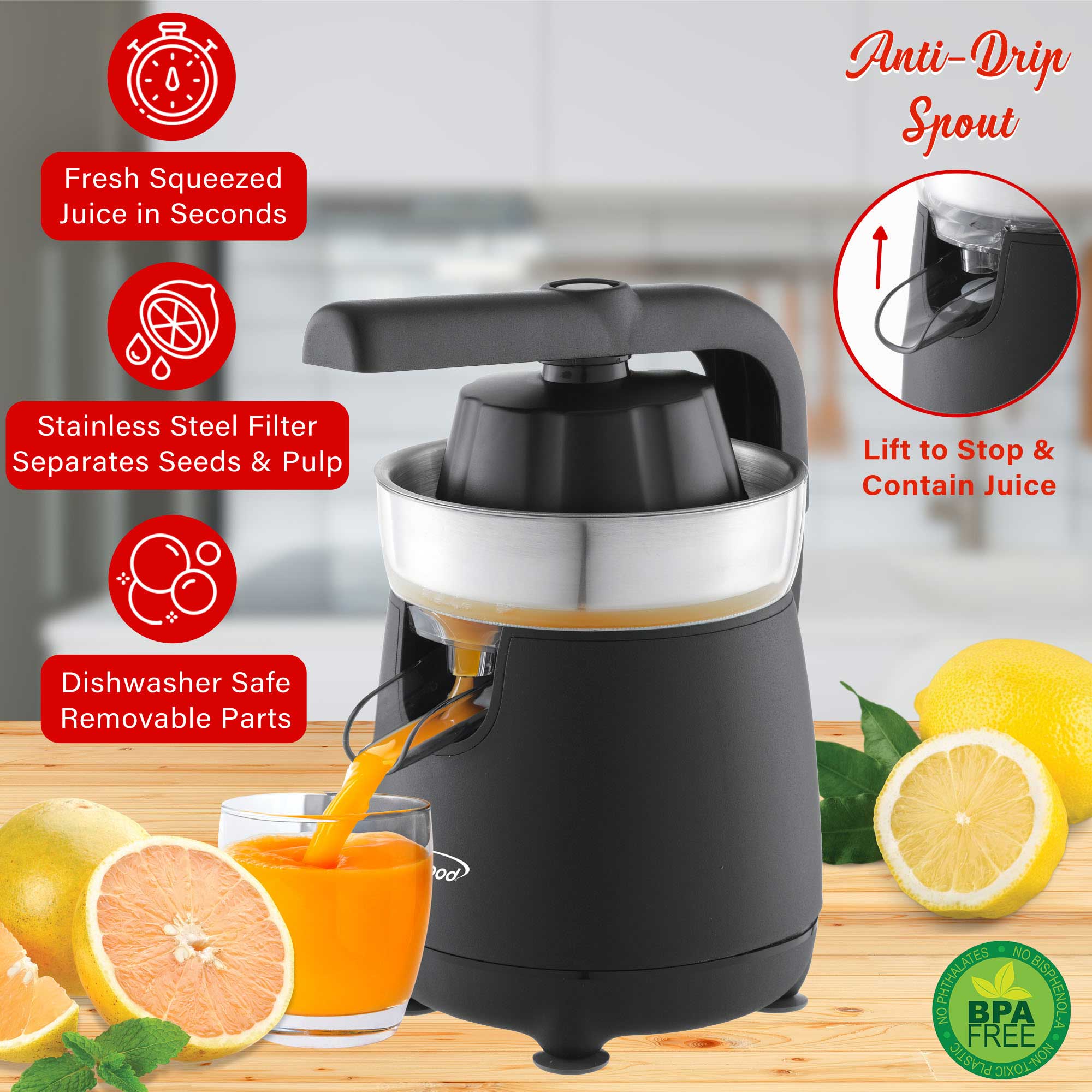 Brentwood J-26BK Powerful Electric Citrus Juicer Orange, Lemon, Lime, and Grapefruit Squeezer, Ergonomic Lever, 2 Cones, Dishwasher Safe Parts, Black