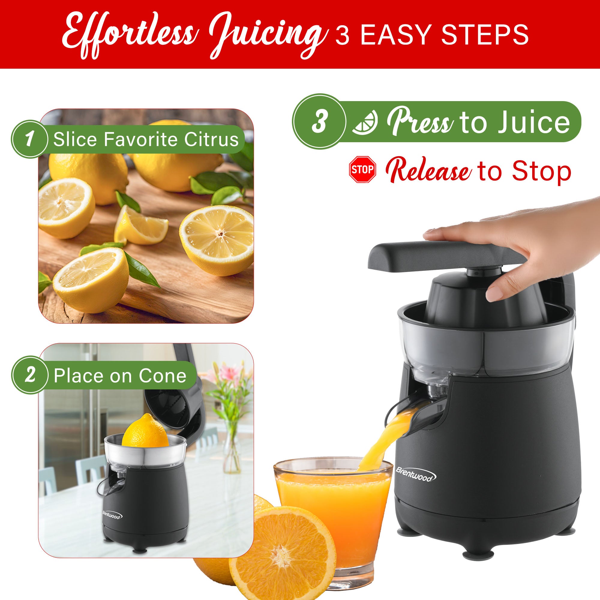 Brentwood J-26BK Powerful Electric Citrus Juicer Orange, Lemon, Lime, and Grapefruit Squeezer, Ergonomic Lever, 2 Cones, Dishwasher Safe Parts, Black
