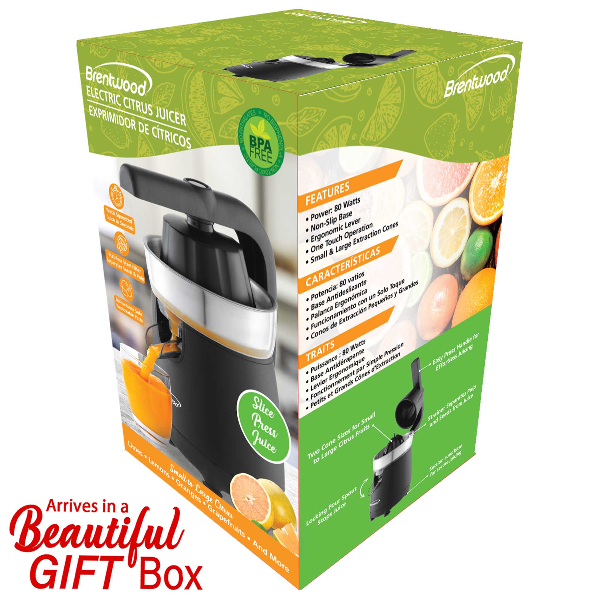 Brentwood J-26BK Powerful Electric Citrus Juicer Orange, Lemon, Lime, and Grapefruit Squeezer, Ergonomic Lever, 2 Cones, Dishwasher Safe Parts, Black