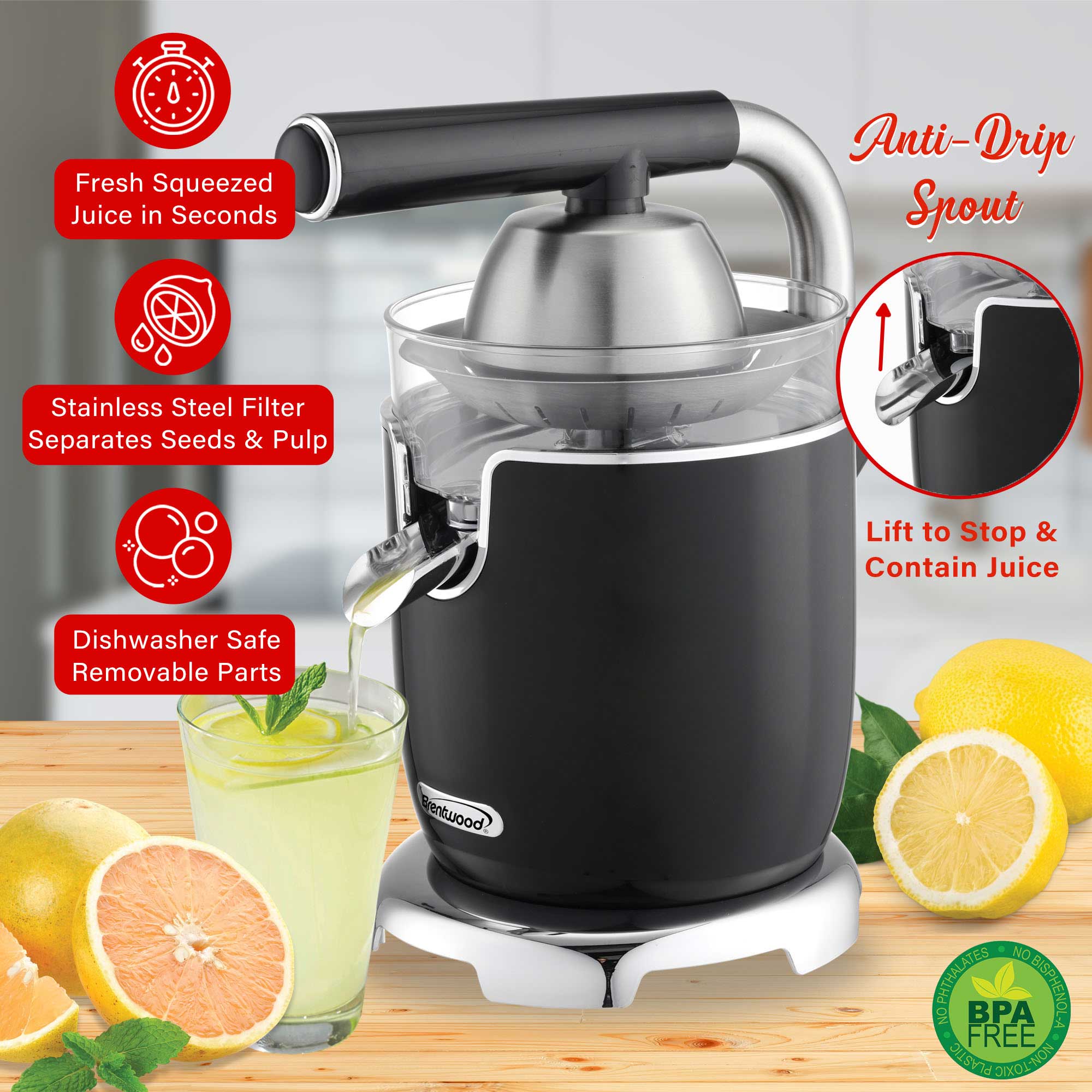 Brentwood J-28BK Powerful 200W Electric Citrus Juicer Orange, Lemon, Lime, and Grapefruit Squeezer, Stainless Steel Lever, 2 Cones, Dishwasher Safe Parts, Black