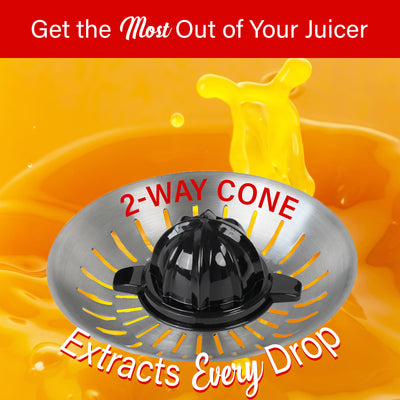 Brentwood J-28BK Powerful 200W Electric Citrus Juicer Orange, Lemon, Lime, and Grapefruit Squeezer, Stainless Steel Lever, 2 Cones, Dishwasher Safe Parts, Black