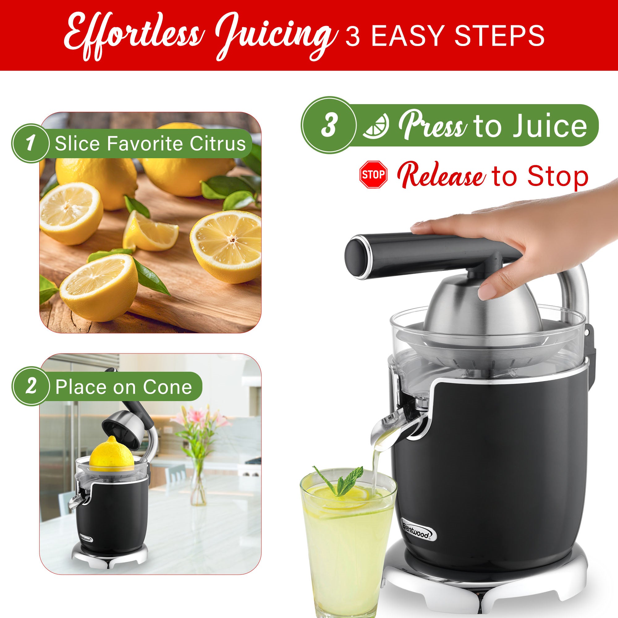 Brentwood J-28BK Powerful 200W Electric Citrus Juicer Orange, Lemon, Lime, and Grapefruit Squeezer, Stainless Steel Lever, 2 Cones, Dishwasher Safe Parts, Black