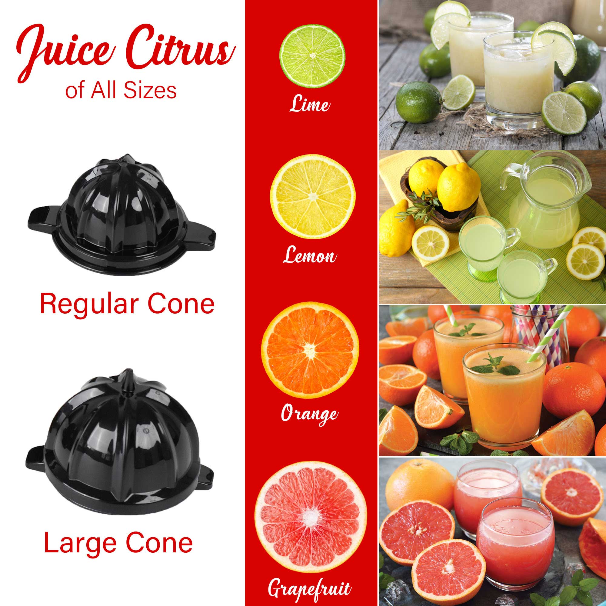 Brentwood J-28BK Powerful 200W Electric Citrus Juicer Orange, Lemon, Lime, and Grapefruit Squeezer, Stainless Steel Lever, 2 Cones, Dishwasher Safe Parts, Black