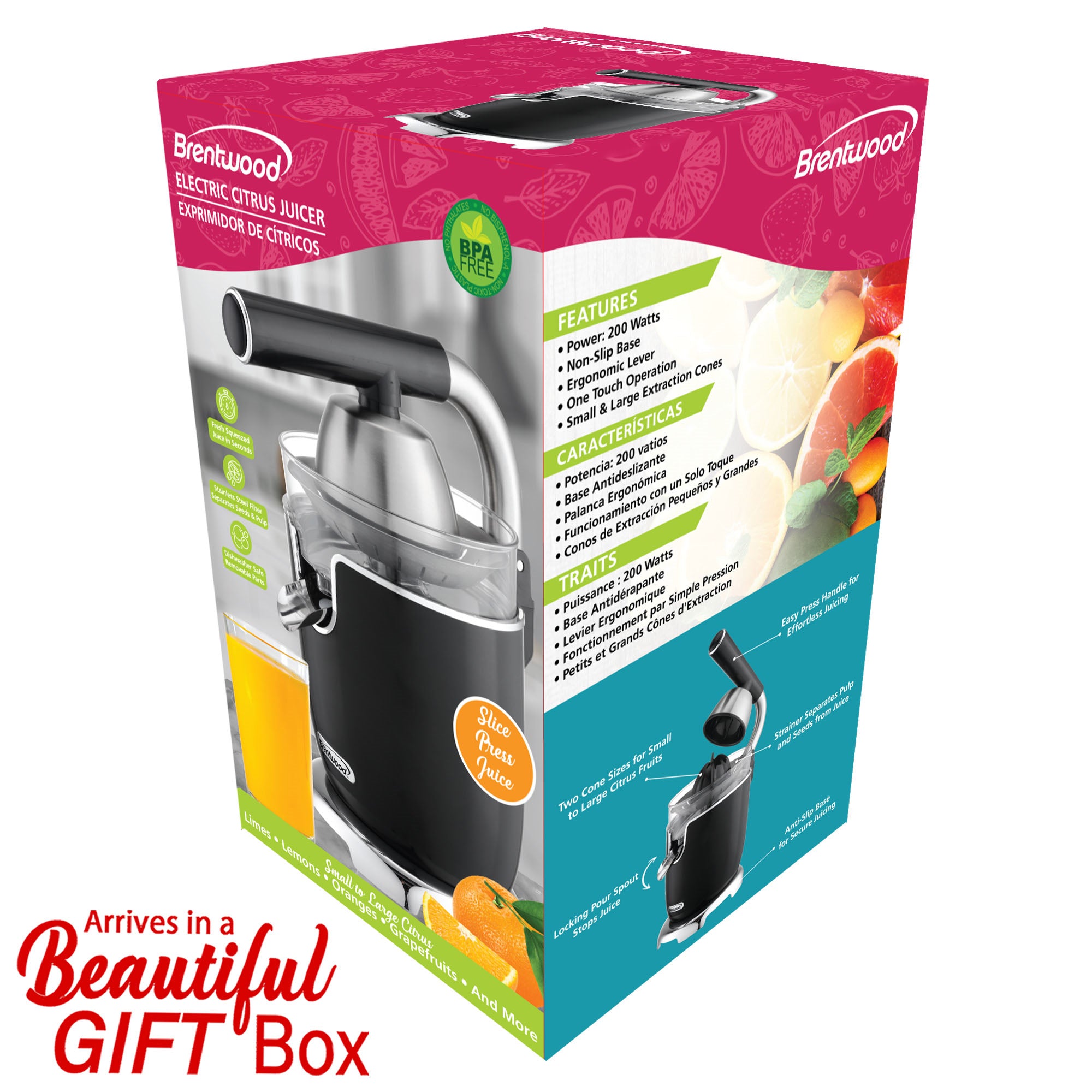 Brentwood J-28BK Powerful 200W Electric Citrus Juicer Orange, Lemon, Lime, and Grapefruit Squeezer, Stainless Steel Lever, 2 Cones, Dishwasher Safe Parts, Black