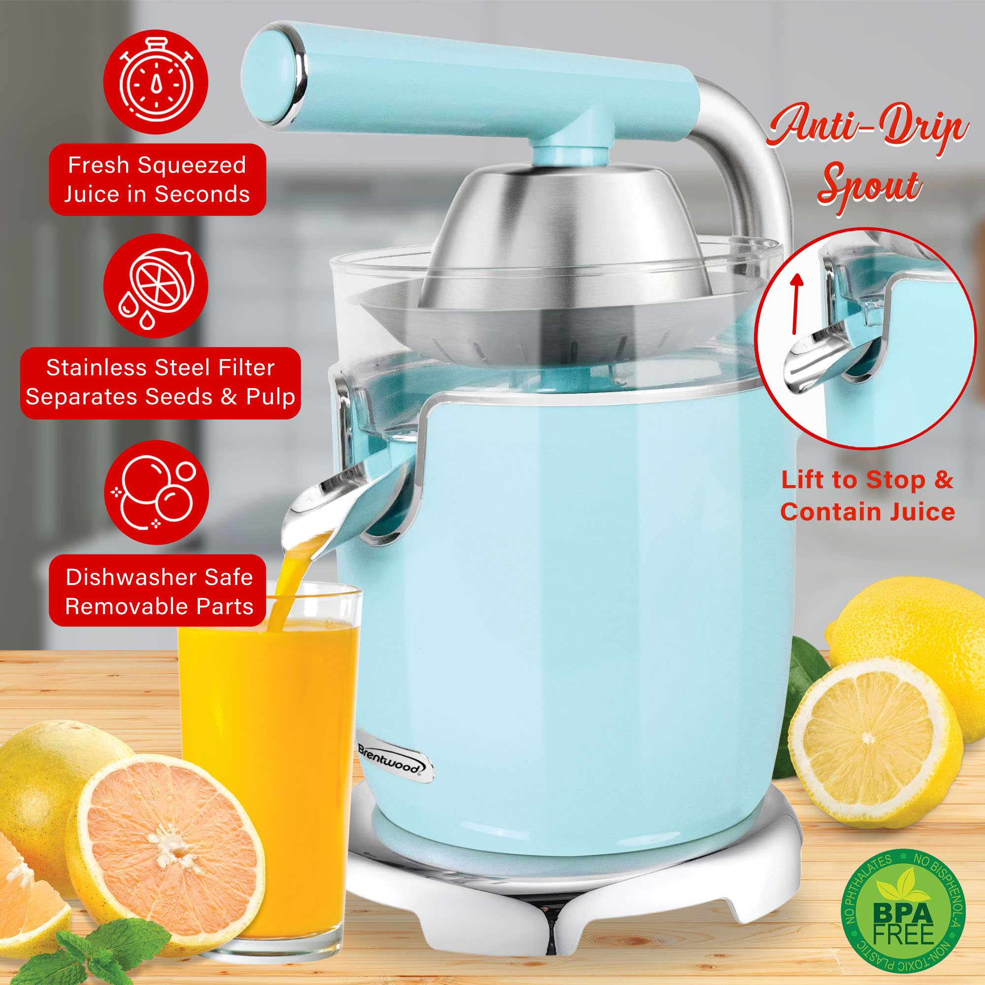 Brentwood J-28BL Powerful 200W Electric Citrus Juicer Orange, Lemon, Lime, and Grapefruit Squeezer, Stainless Steel Lever, 2 Cones, Dishwasher Safe Parts, Blue