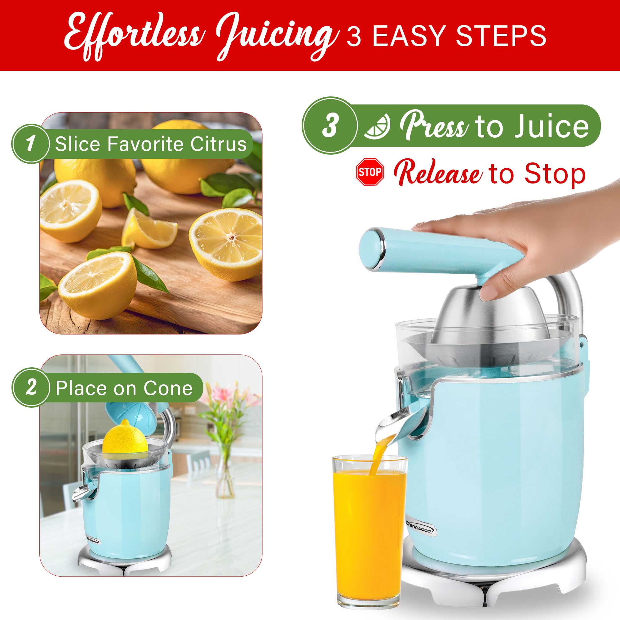 Brentwood J-28BL Powerful 200W Electric Citrus Juicer Orange, Lemon, Lime, and Grapefruit Squeezer, Stainless Steel Lever, 2 Cones, Dishwasher Safe Parts, Blue