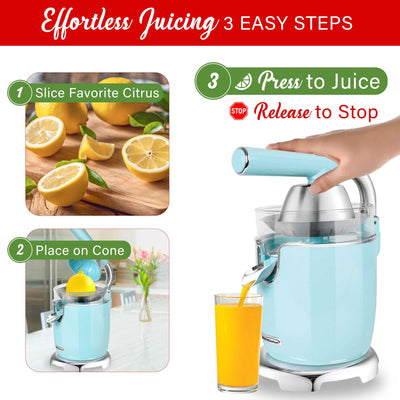 Brentwood J-28BL Powerful 200W Electric Citrus Juicer Orange, Lemon, Lime, and Grapefruit Squeezer, Stainless Steel Lever, 2 Cones, Dishwasher Safe Parts, Blue