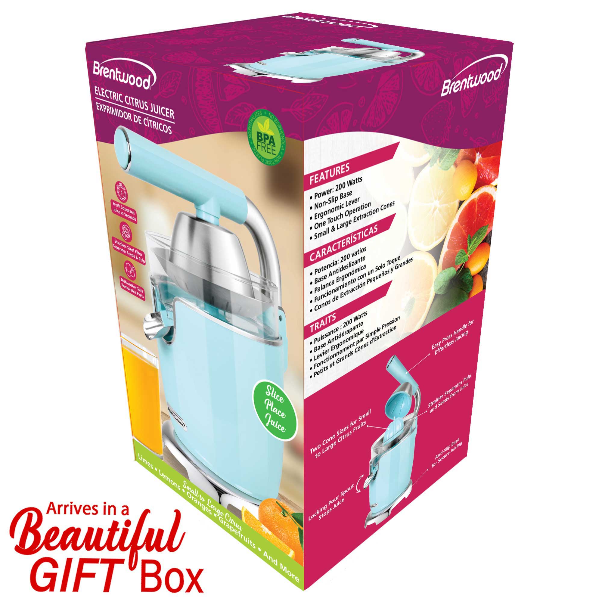 Brentwood J-28BL Powerful 200W Electric Citrus Juicer Orange, Lemon, Lime, and Grapefruit Squeezer, Stainless Steel Lever, 2 Cones, Dishwasher Safe Parts, Blue