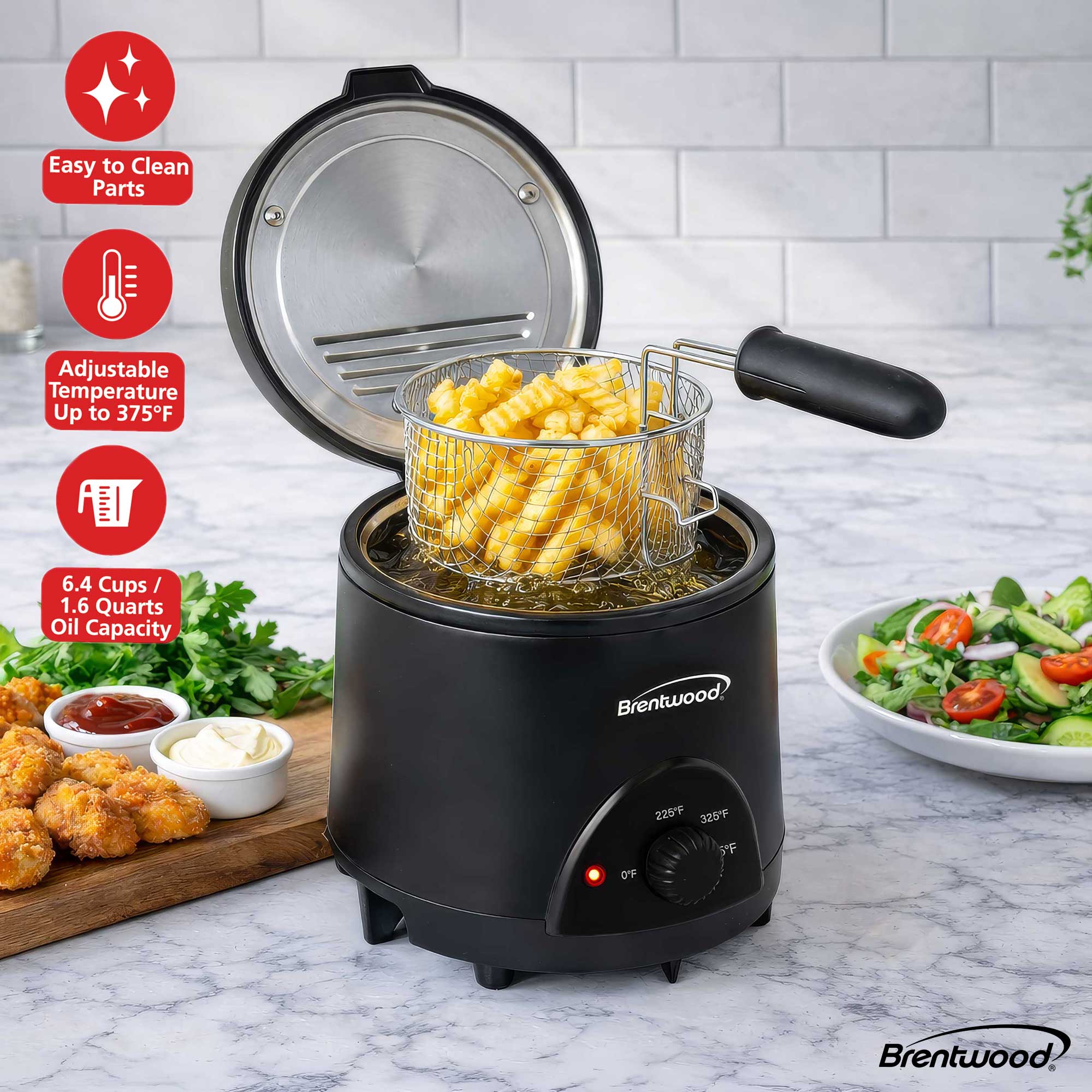 Brentwood DF-715BK 1.6QT Electric Deep Fryer with 6.4 Cup Oil Capacity, Stainless Steel Pot, Restaurant Style Basket, Cool Touch Body, and Adjustable Temperature Control, Black