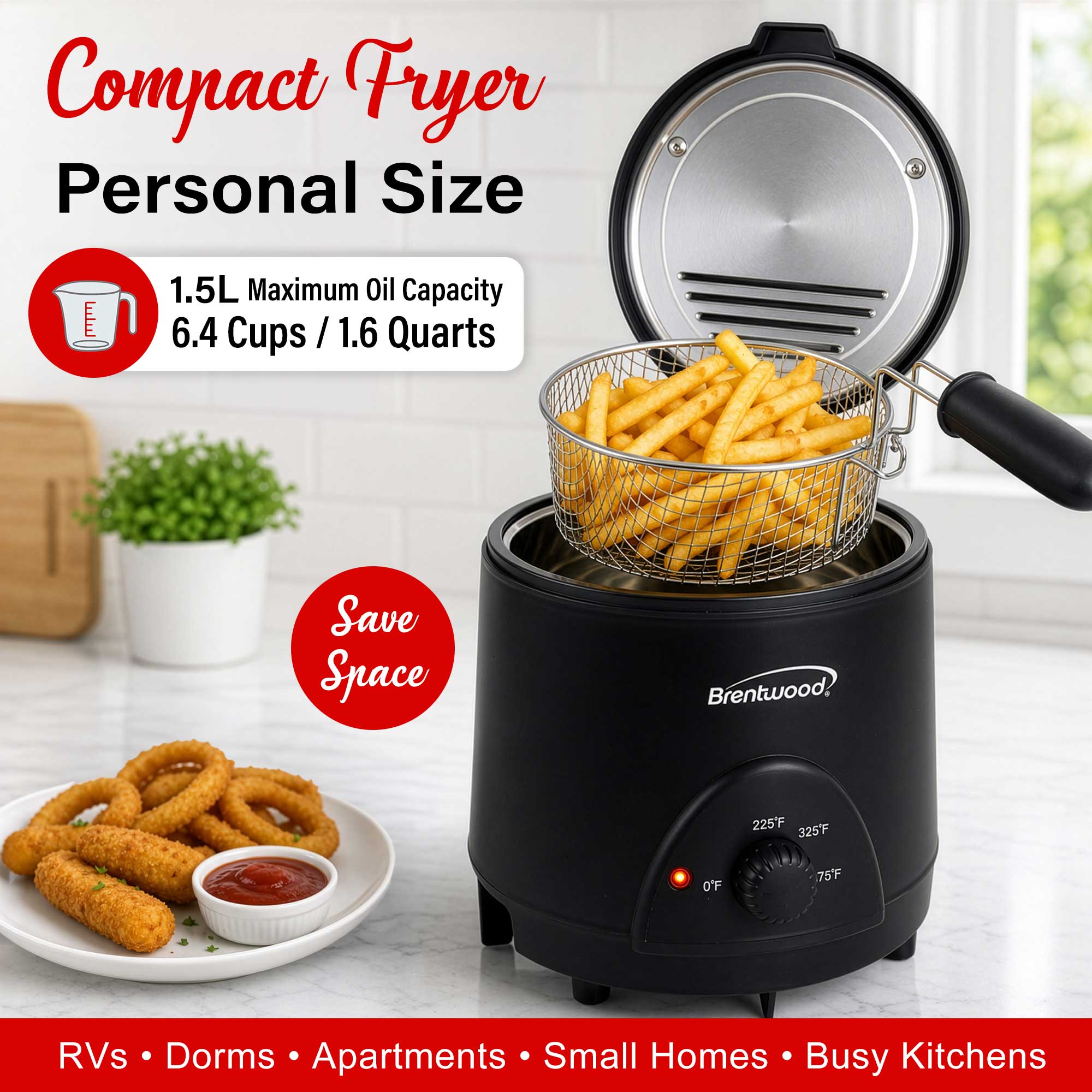Brentwood DF-715BK 1.6QT Electric Deep Fryer with 6.4 Cup Oil Capacity, Stainless Steel Pot, Restaurant Style Basket, Cool Touch Body, and Adjustable Temperature Control, Black