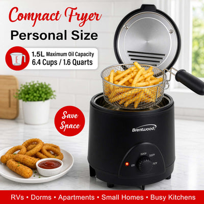 Brentwood DF-715BK 1.6QT Electric Deep Fryer with 6.4 Cup Oil Capacity, Stainless Steel Pot, Restaurant Style Basket, Cool Touch Body, and Adjustable Temperature Control, Black