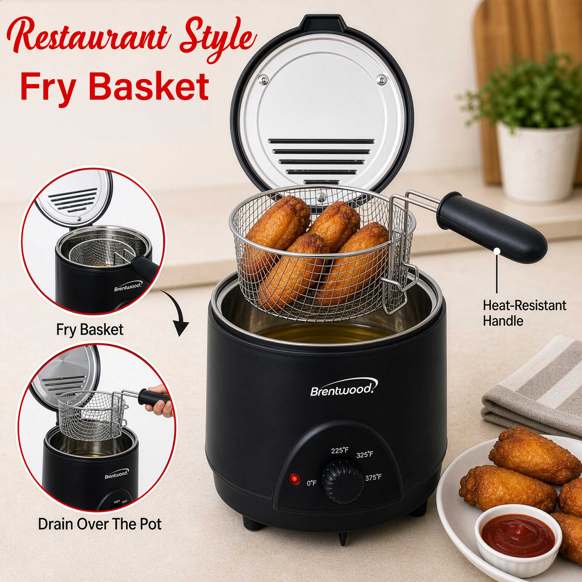 Brentwood DF-715BK 1.6QT Electric Deep Fryer with 6.4 Cup Oil Capacity, Stainless Steel Pot, Restaurant Style Basket, Cool Touch Body, and Adjustable Temperature Control, Black