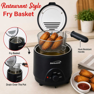 Brentwood DF-715BK 1.6QT Electric Deep Fryer with 6.4 Cup Oil Capacity, Stainless Steel Pot, Restaurant Style Basket, Cool Touch Body, and Adjustable Temperature Control, Black