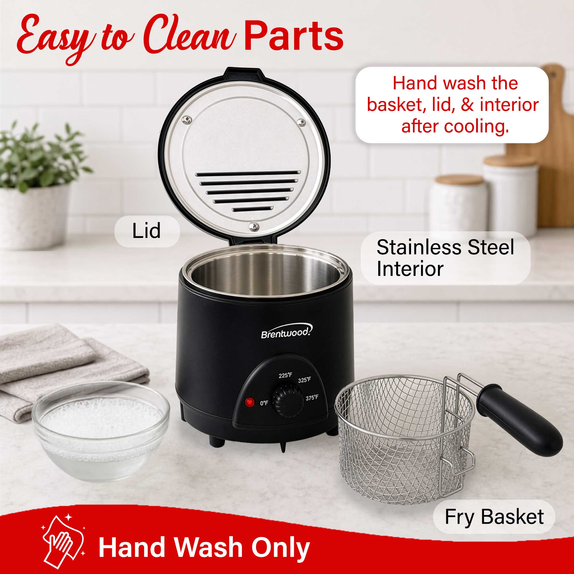 Brentwood DF-715BK 1.6QT Electric Deep Fryer with 6.4 Cup Oil Capacity, Stainless Steel Pot, Restaurant Style Basket, Cool Touch Body, and Adjustable Temperature Control, Black