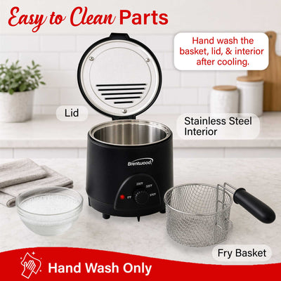 Brentwood DF-715BK 1.6QT Electric Deep Fryer with 6.4 Cup Oil Capacity, Stainless Steel Pot, Restaurant Style Basket, Cool Touch Body, and Adjustable Temperature Control, Black