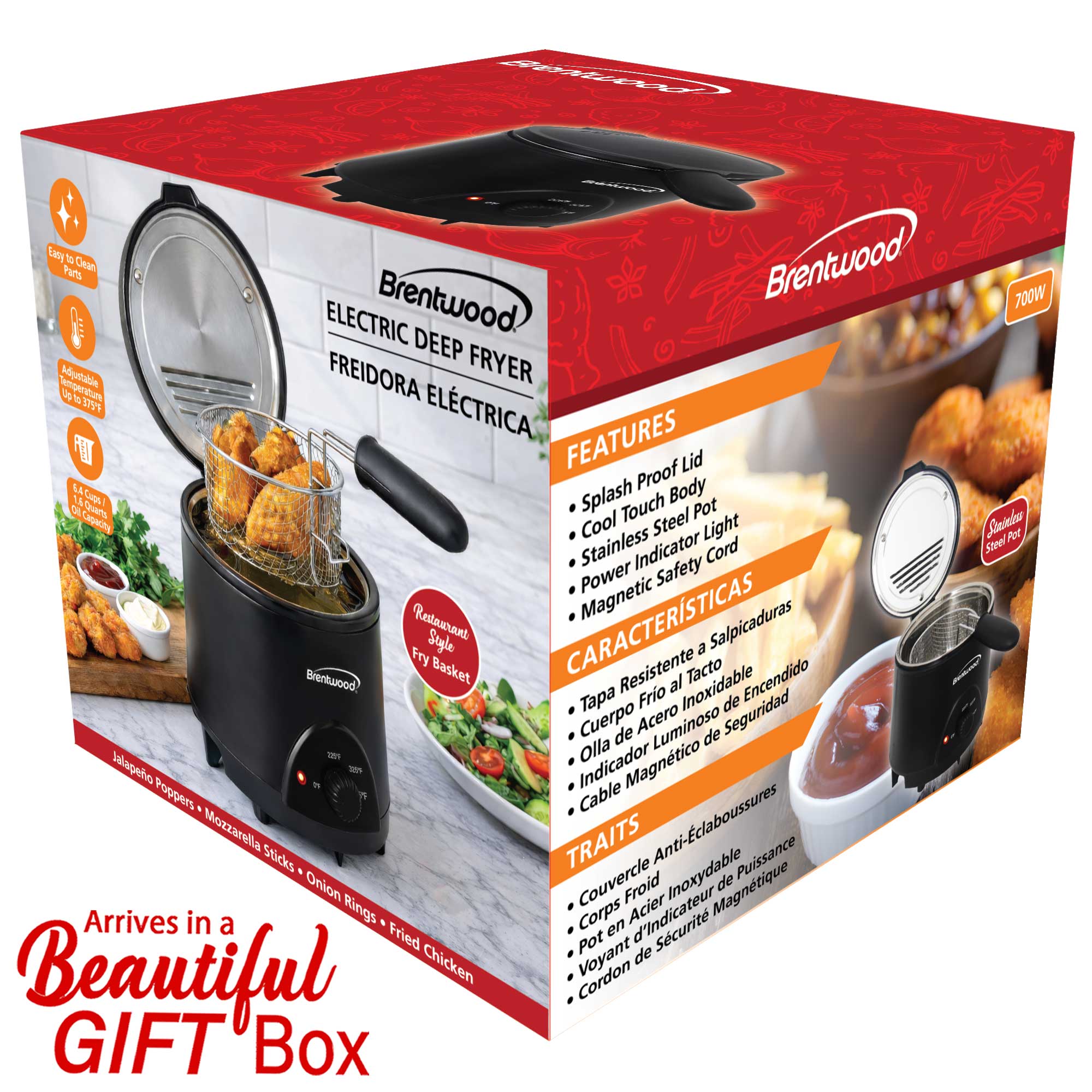Brentwood DF-715BK 1.6QT Electric Deep Fryer with 6.4 Cup Oil Capacity, Stainless Steel Pot, Restaurant Style Basket, Cool Touch Body, and Adjustable Temperature Control, Black