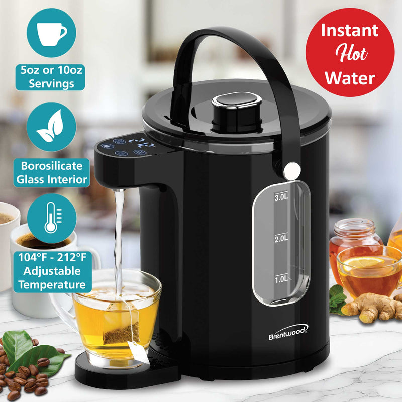 Brentwood KT-2230DBK 3-Liter 1100w Digital Glass Instant Hot Water Dispenser with Tea Infuser, Adjustable Temperature, 8hr Keep Warm Function, Night Light, and Large Carry Handle, BPA Free, Black