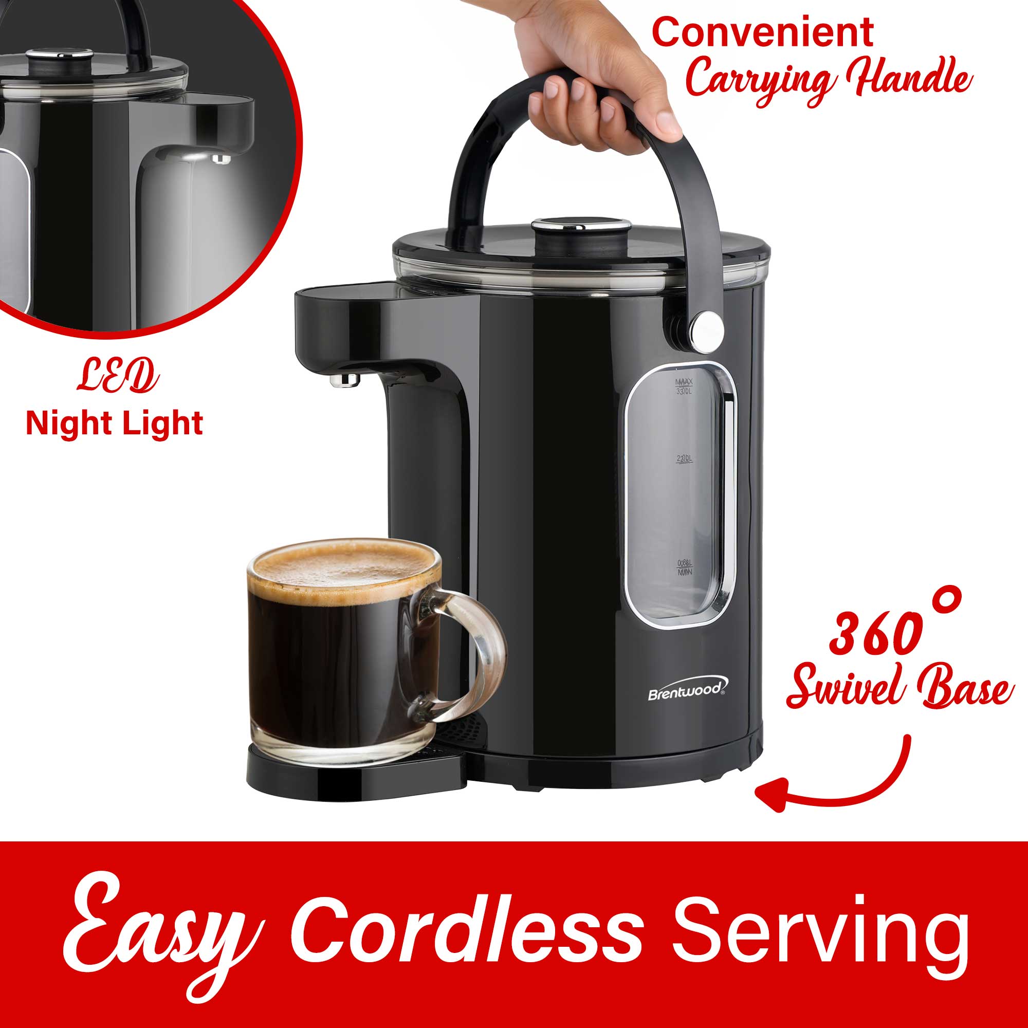 Brentwood KT-2230DBK 3-Liter 1100w Digital Glass Instant Hot Water Dispenser with Tea Infuser, Adjustable Temperature, 8hr Keep Warm Function, Night Light, and Large Carry Handle, BPA Free, Black