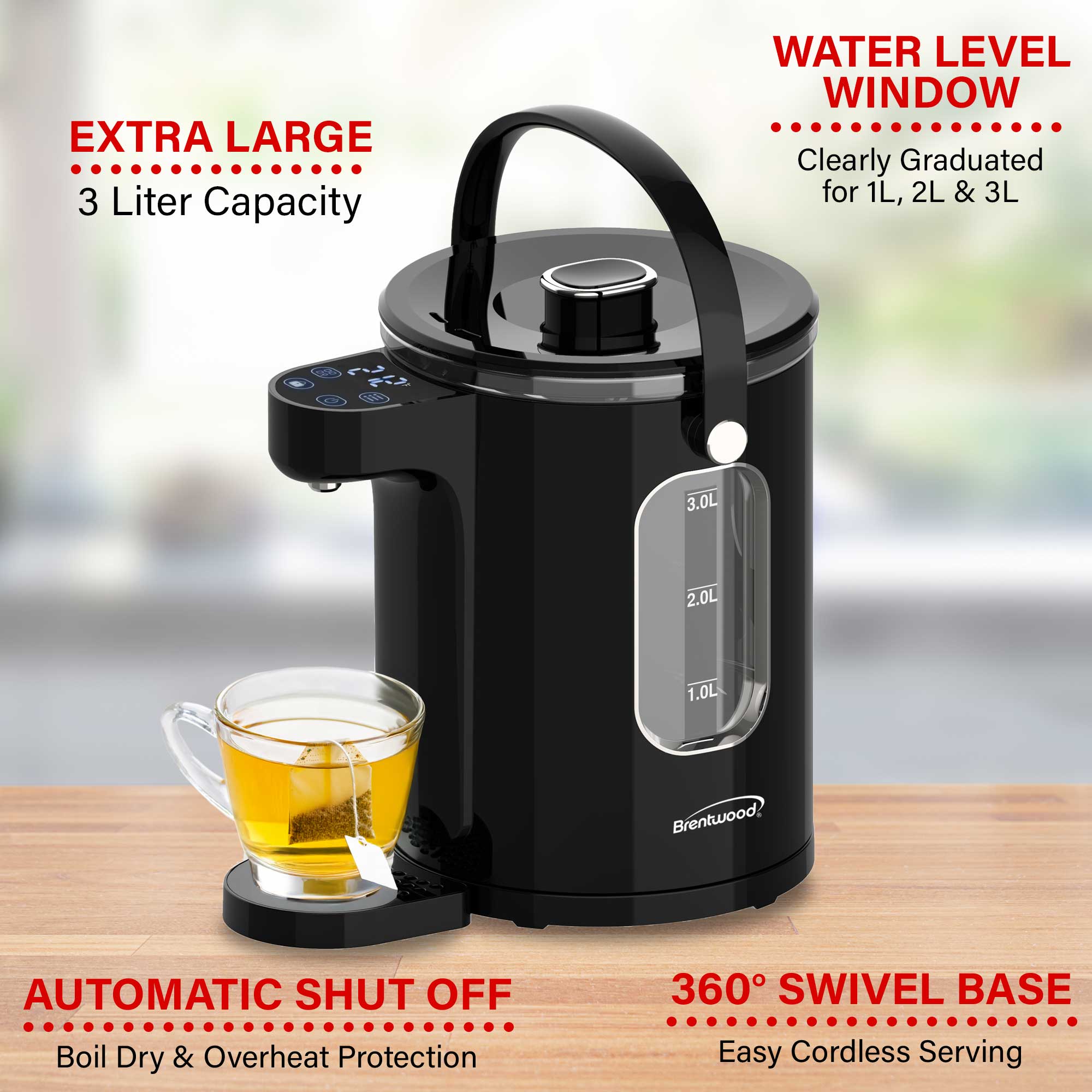 Brentwood KT-2230DBK 3-Liter 1100w Digital Glass Instant Hot Water Dispenser with Tea Infuser, Adjustable Temperature, 8hr Keep Warm Function, Night Light, and Large Carry Handle, BPA Free, Black