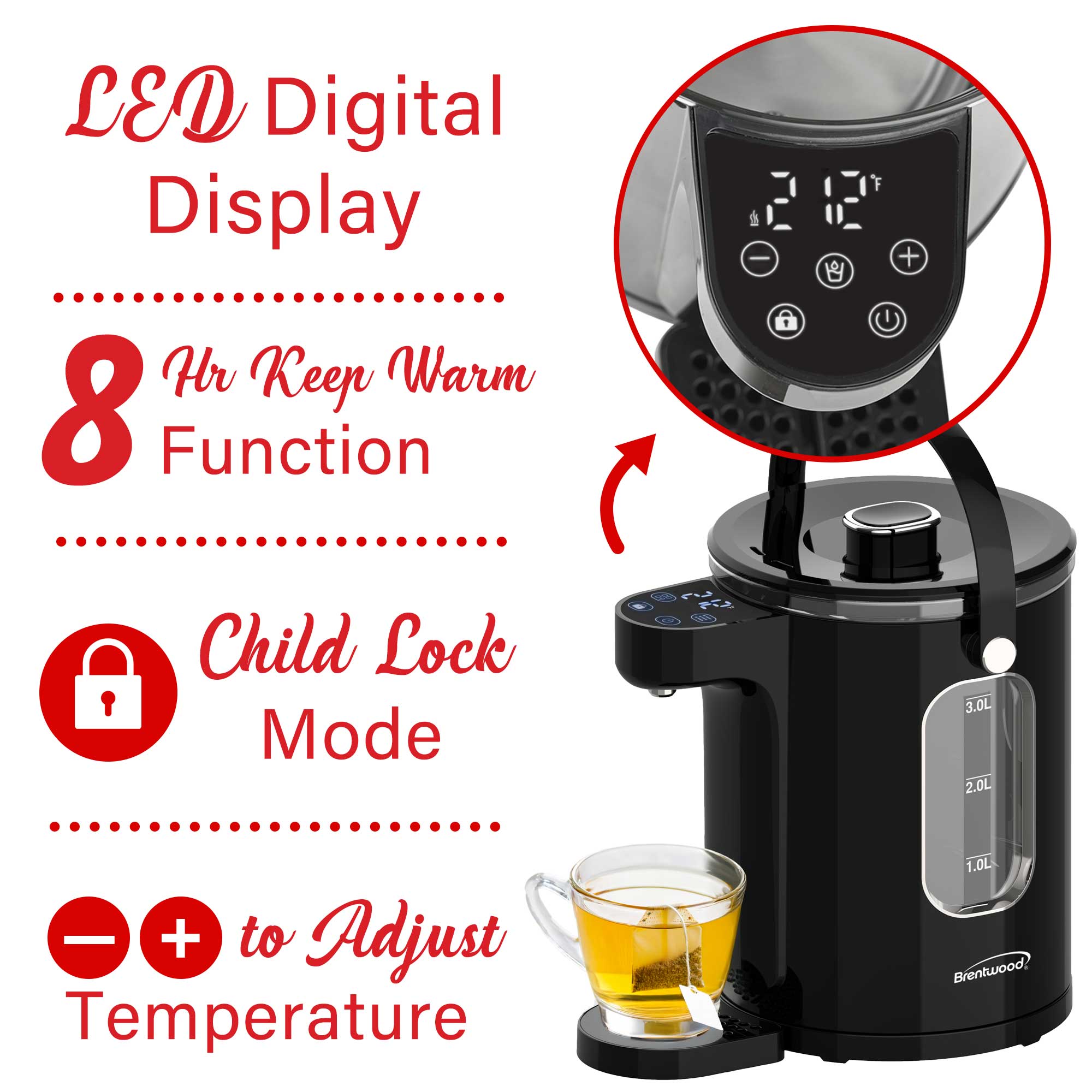 Brentwood KT-2230DBK 3-Liter 1100w Digital Glass Instant Hot Water Dispenser with Tea Infuser, Adjustable Temperature, 8hr Keep Warm Function, Night Light, and Large Carry Handle, BPA Free, Black
