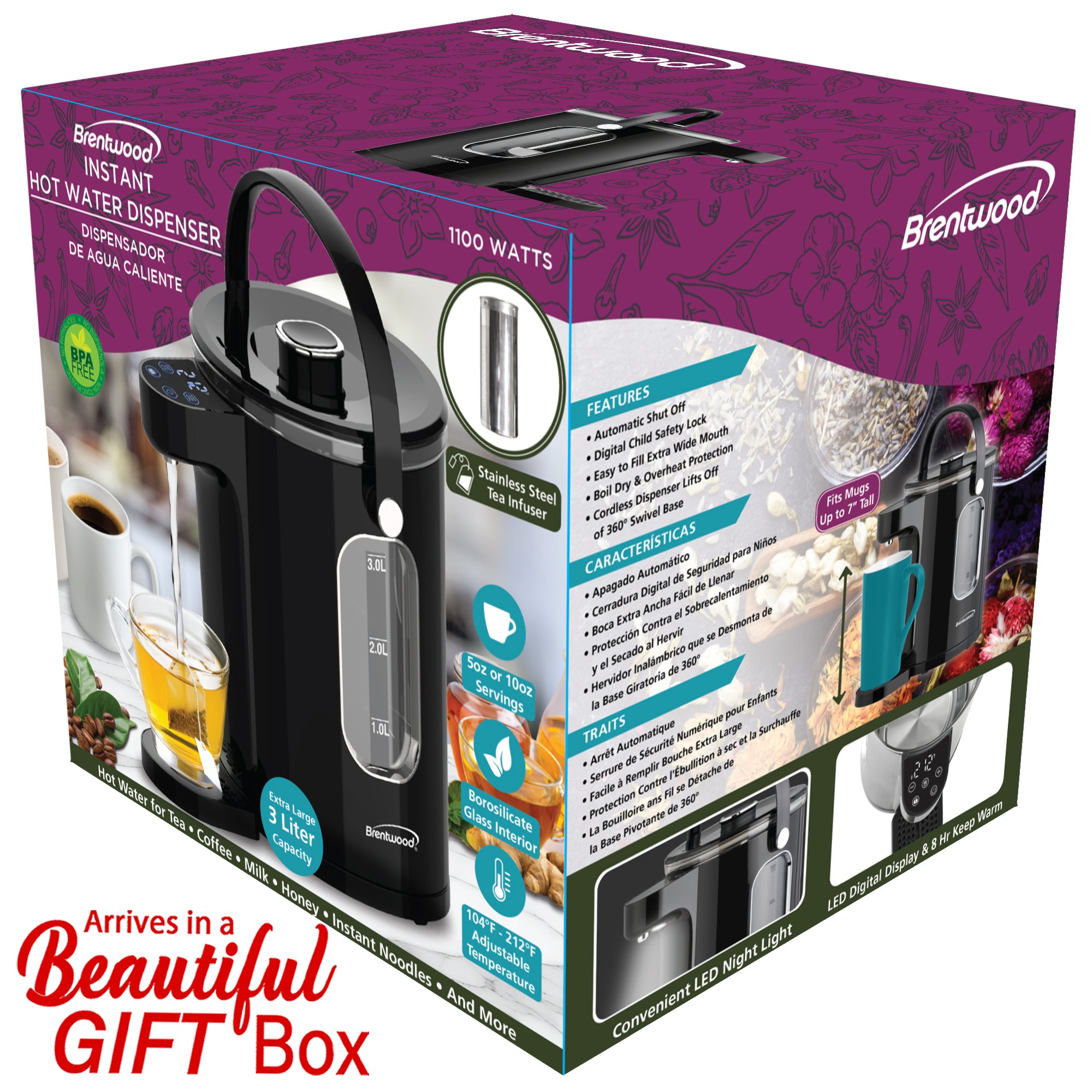 Brentwood KT-2230DBK 3-Liter 1100w Digital Glass Instant Hot Water Dispenser with Tea Infuser, Adjustable Temperature, 8hr Keep Warm Function, Night Light, and Large Carry Handle, BPA Free, Black