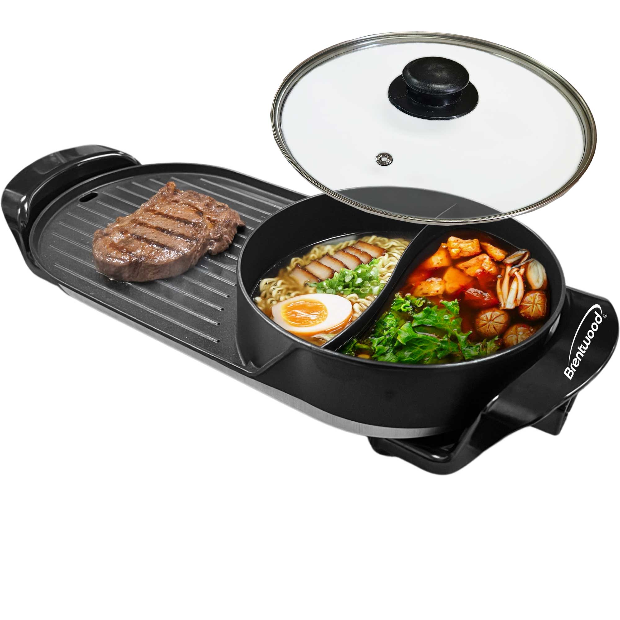 Coming Soon - Brentwood SK-71BK 2-Quart 2-Sided Electric Hot Pot and 18” x 9” Korean BBQ Grill with Ceramic Non-Stick Surface, Adjustable Temperature, Removeable Drip Tray, and Vented Tempered Glass Lid, Black