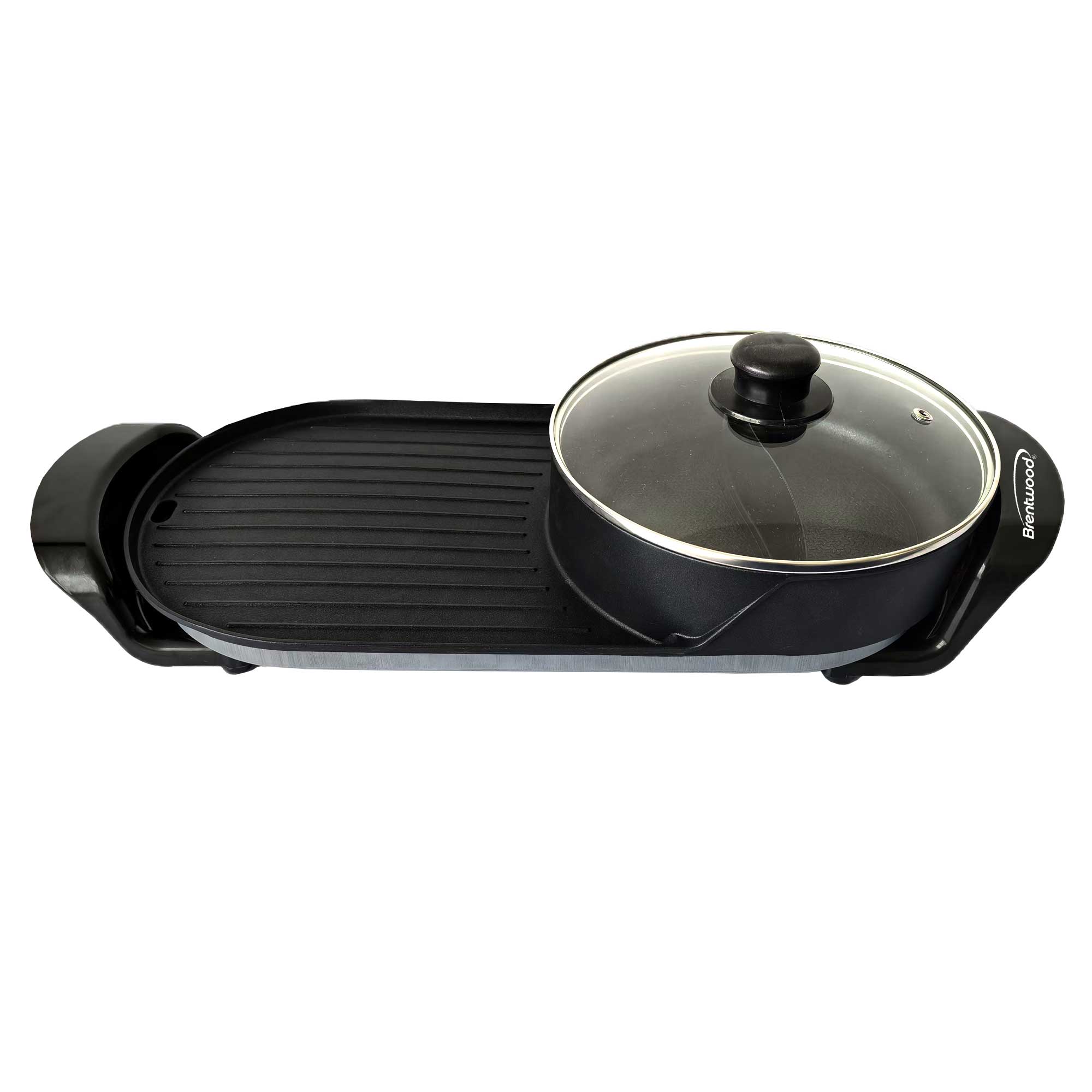 Brentwood SK-71BK 2-Quart 2-Sided Electric Hot Pot and 18” x 9” Korean BBQ Grill with Ceramic Non-Stick Surface, Adjustable Temperature, Removeable Drip Tray, and Vented Tempered Glass Lid, Black