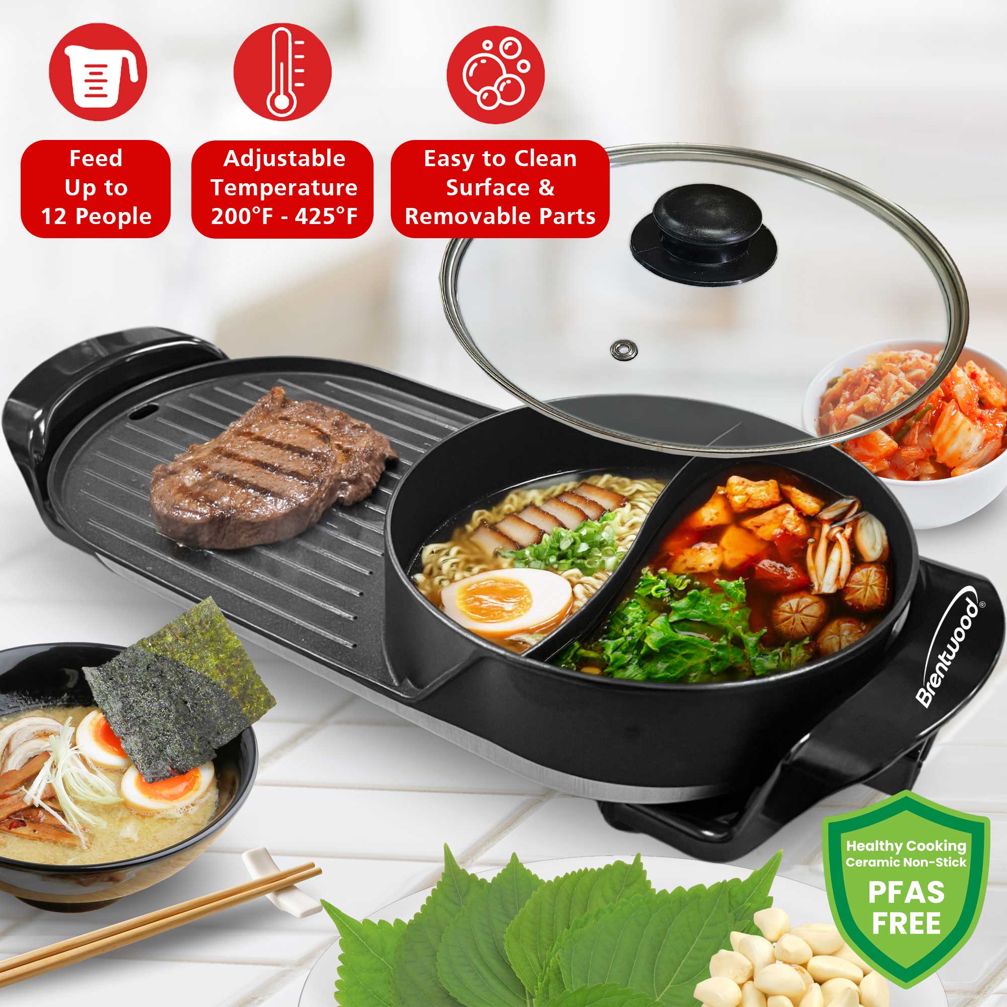 Brentwood SK-71BK 2-Quart 2-Sided Electric Hot Pot and 18” x 9” Korean BBQ Grill with Ceramic Non-Stick Surface, Adjustable Temperature, Removeable Drip Tray, and Vented Tempered Glass Lid, Black