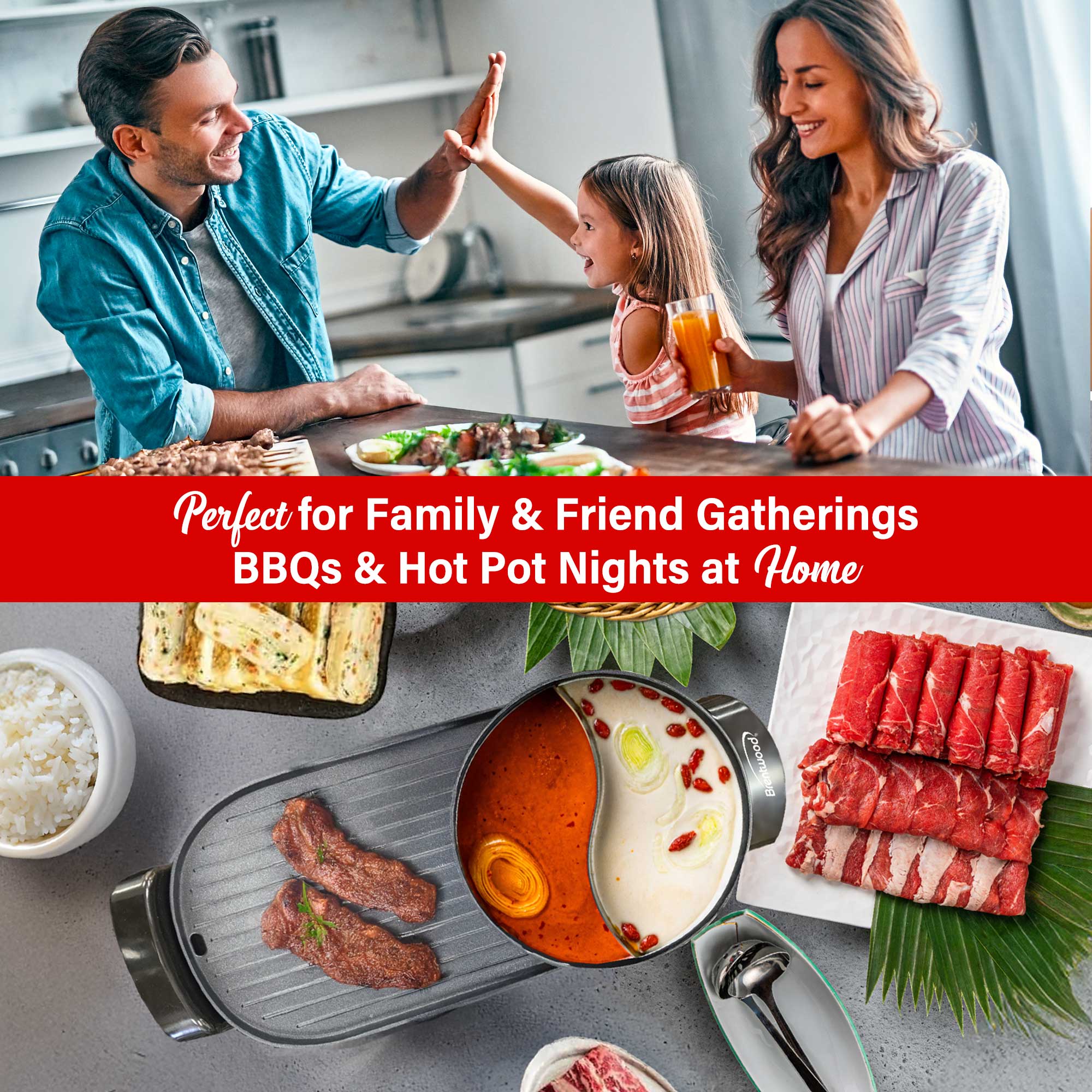 Brentwood SK-71BK 2-Quart 2-Sided Electric Hot Pot and 18” x 9” Korean BBQ Grill with Ceramic Non-Stick Surface, Adjustable Temperature, Removeable Drip Tray, and Vented Tempered Glass Lid, Black