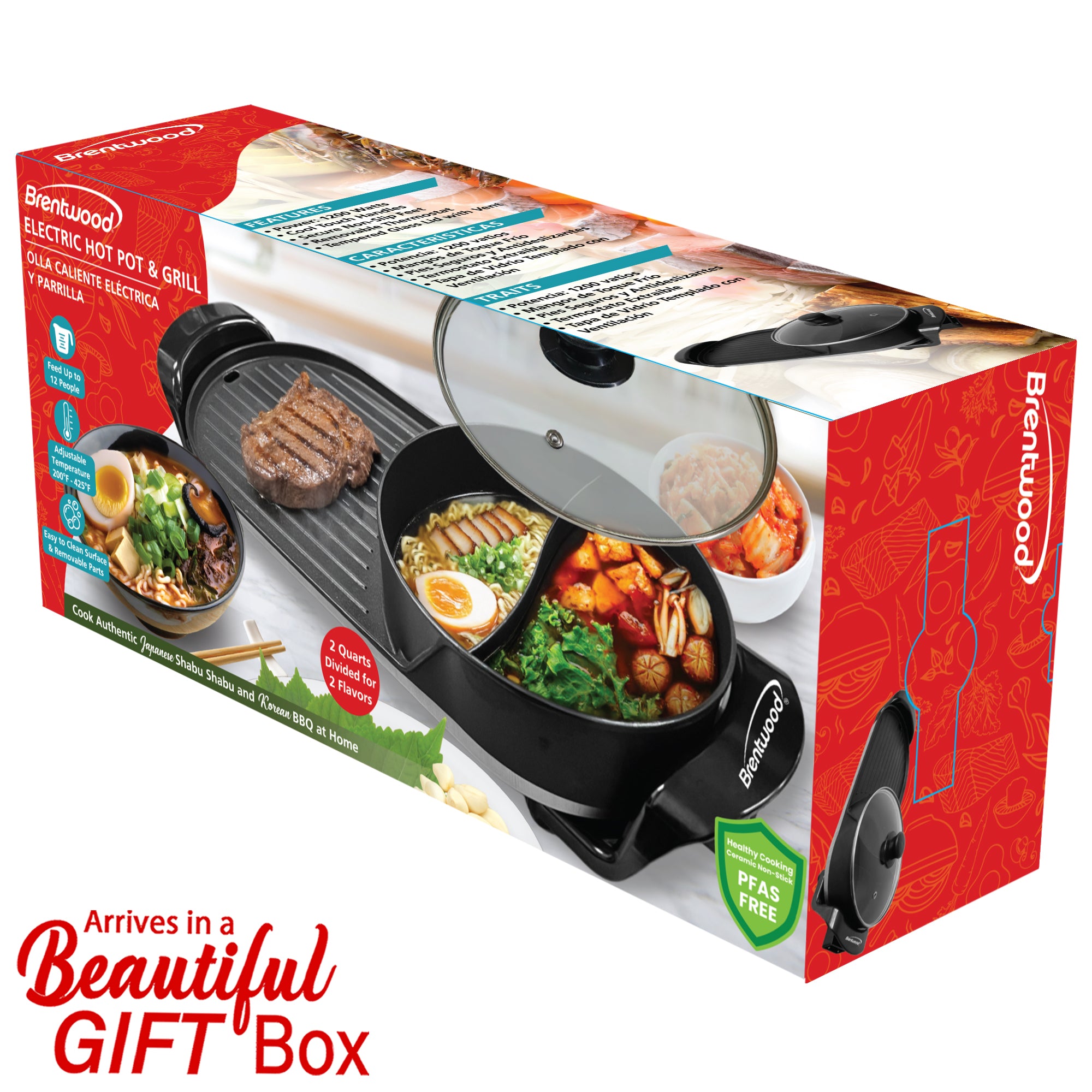 Brentwood SK-71BK 2-Quart 2-Sided Electric Hot Pot and 18” x 9” Korean BBQ Grill with Ceramic Non-Stick Surface, Adjustable Temperature, Removeable Drip Tray, and Vented Tempered Glass Lid, Black