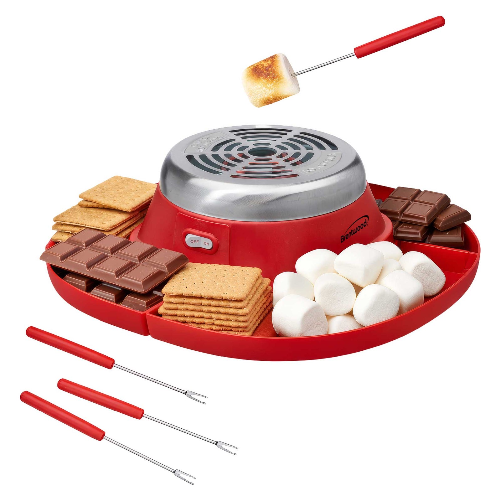 Brentwood TS-608R Indoor Electric Stainless Steel S’mores Maker with 4 Trays and 2 Roasting Forks, Red