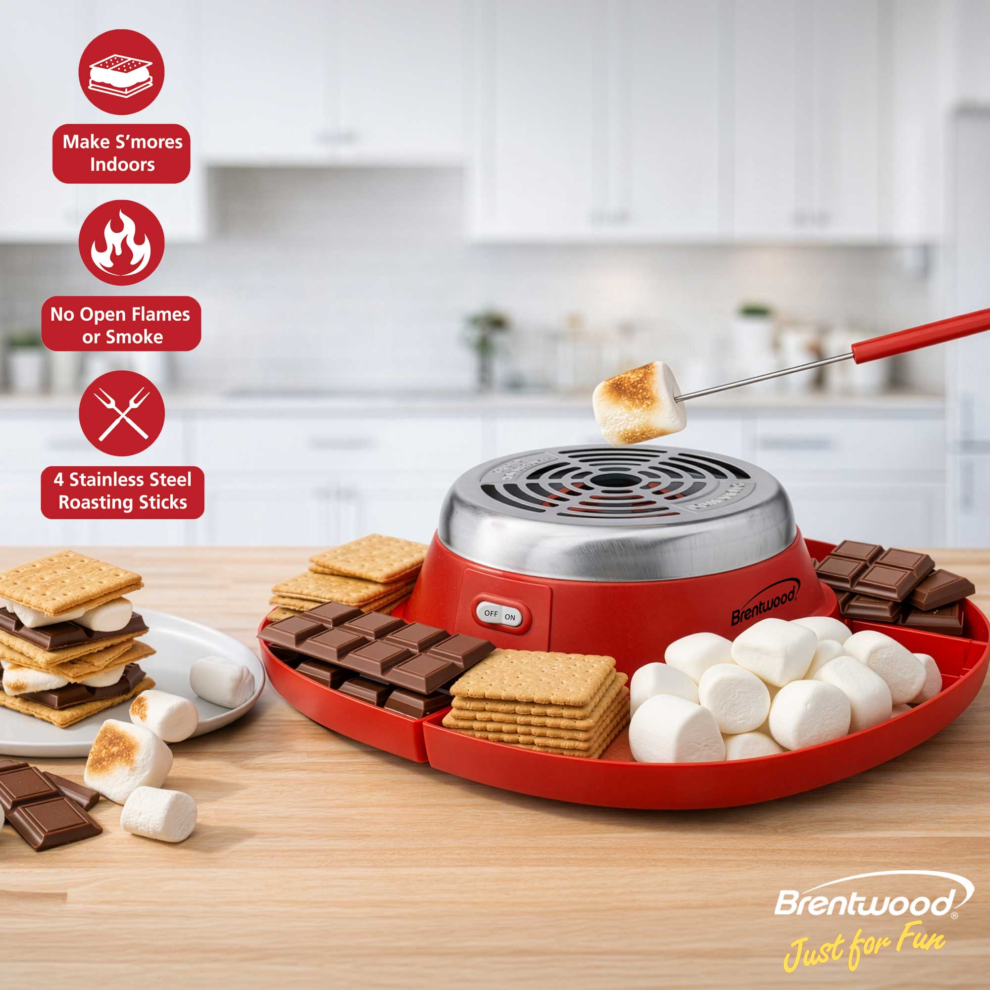 Brentwood TS-608R Indoor Electric Stainless Steel S’mores Maker with 4 Trays and 2 Roasting Forks, Red