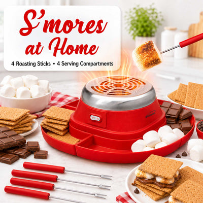 Brentwood TS-608R Indoor Electric Stainless Steel S’mores Maker with 4 Trays and 2 Roasting Forks, Red