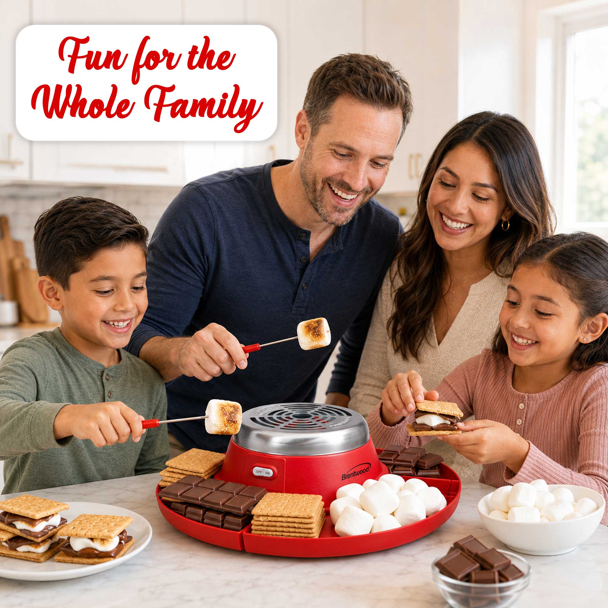 Brentwood TS-608R Indoor Electric Stainless Steel S’mores Maker with 4 Trays and 2 Roasting Forks, Red