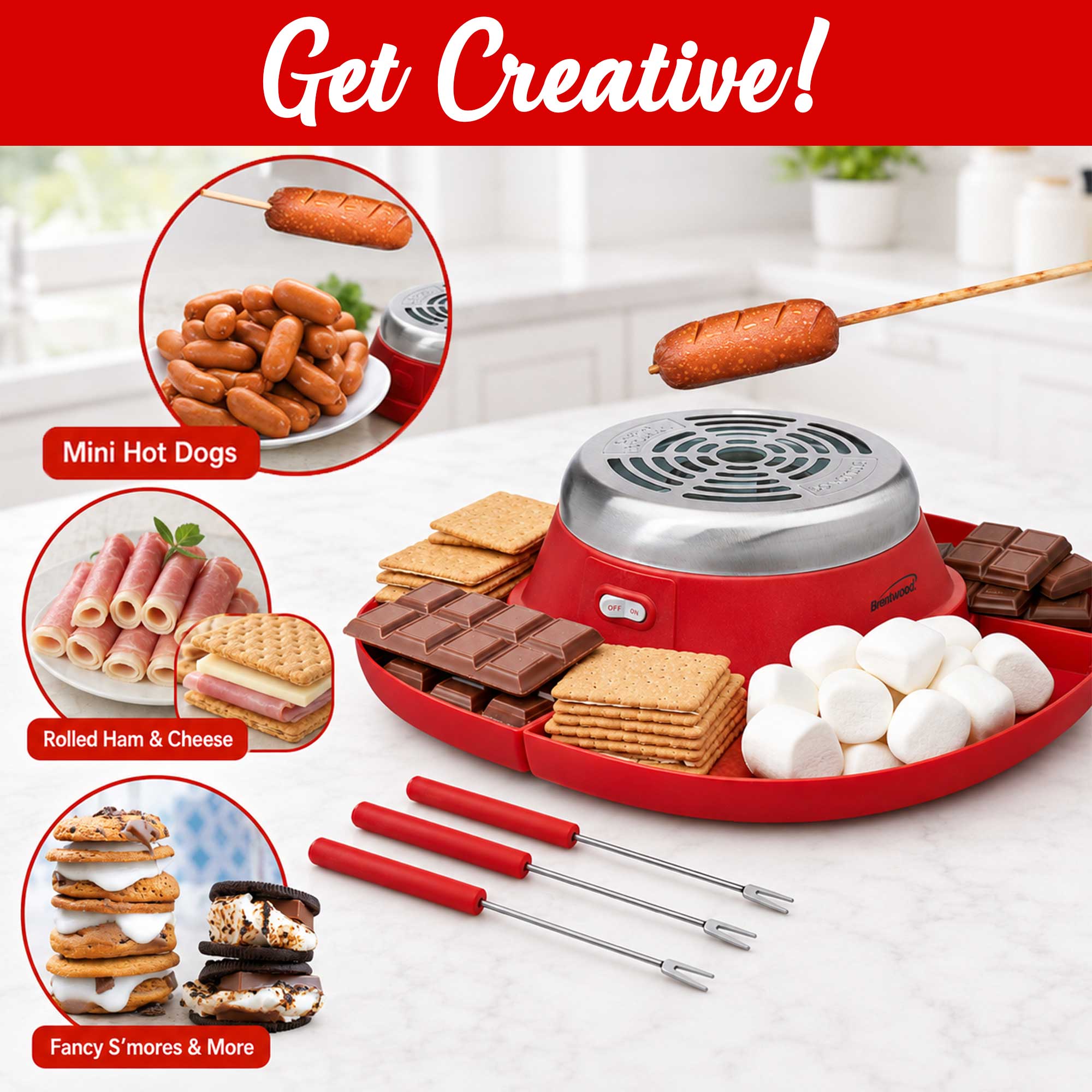 Brentwood TS-608R Indoor Electric Stainless Steel S’mores Maker with 4 Trays and 2 Roasting Forks, Red