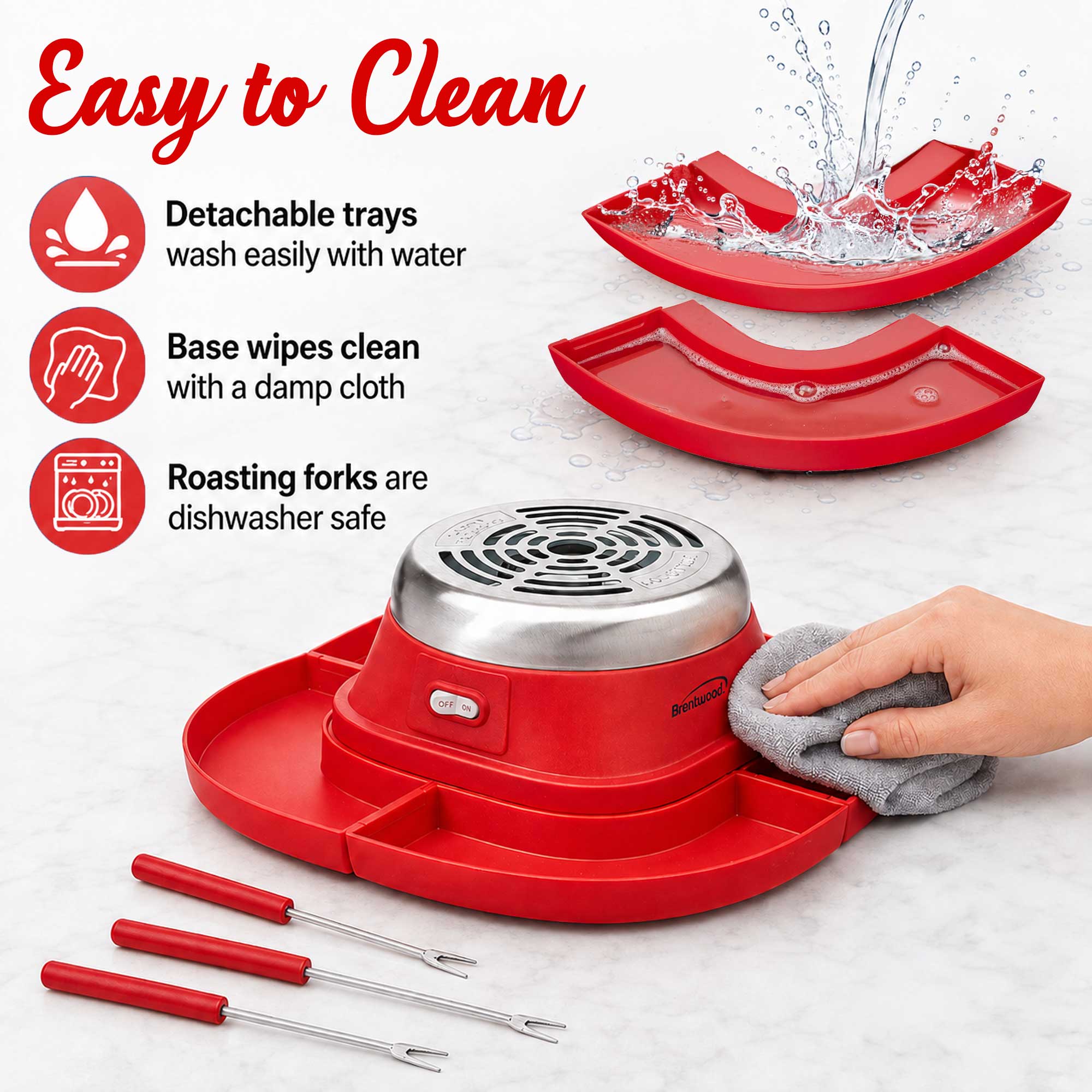 Brentwood TS-608R Indoor Electric Stainless Steel S’mores Maker with 4 Trays and 2 Roasting Forks, Red